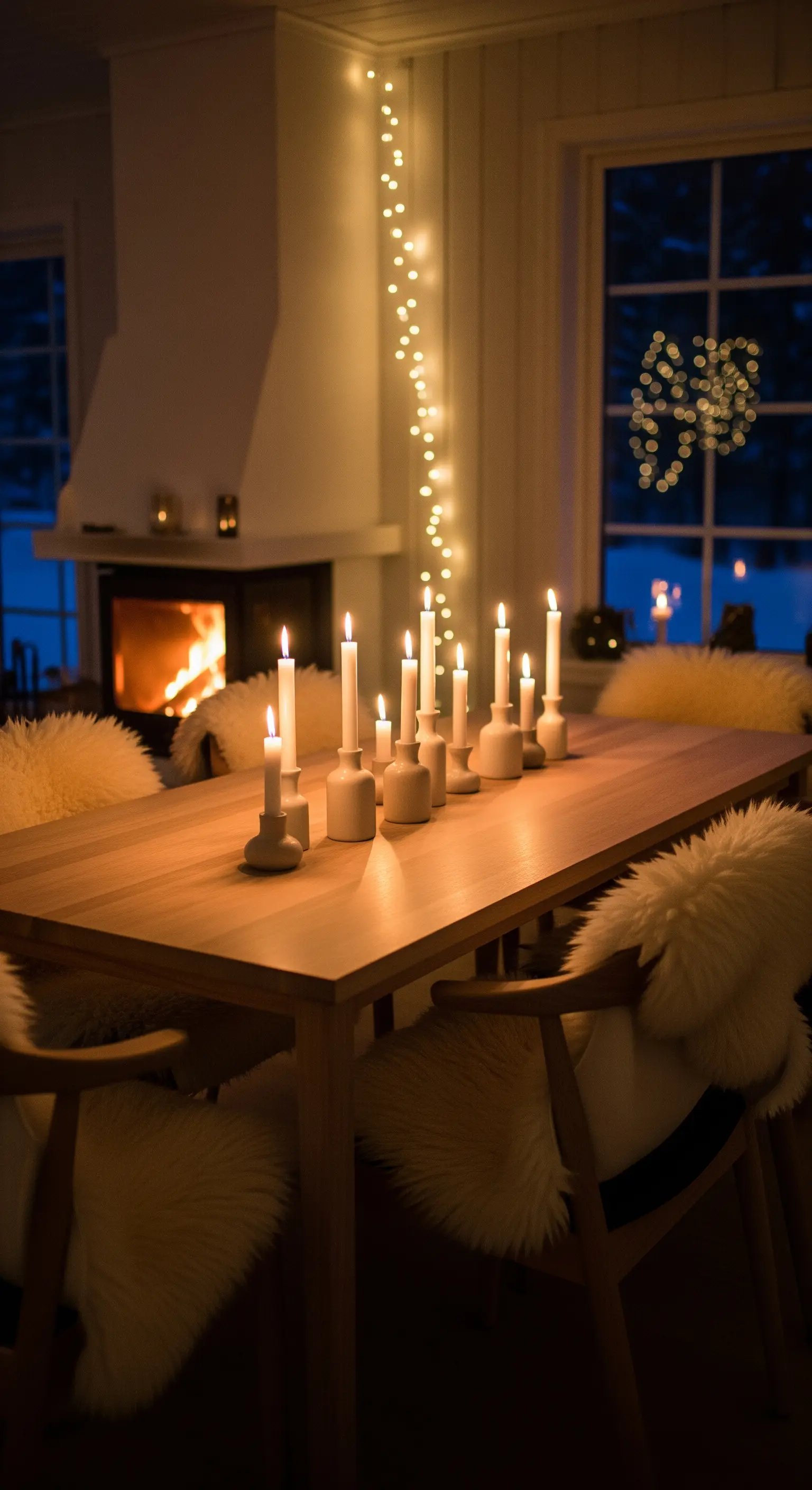 Skandinavischer Holztisch mit vielen weißen Kerzen, Schaffellen und dezenter Lichterkette im Winterzimmer.