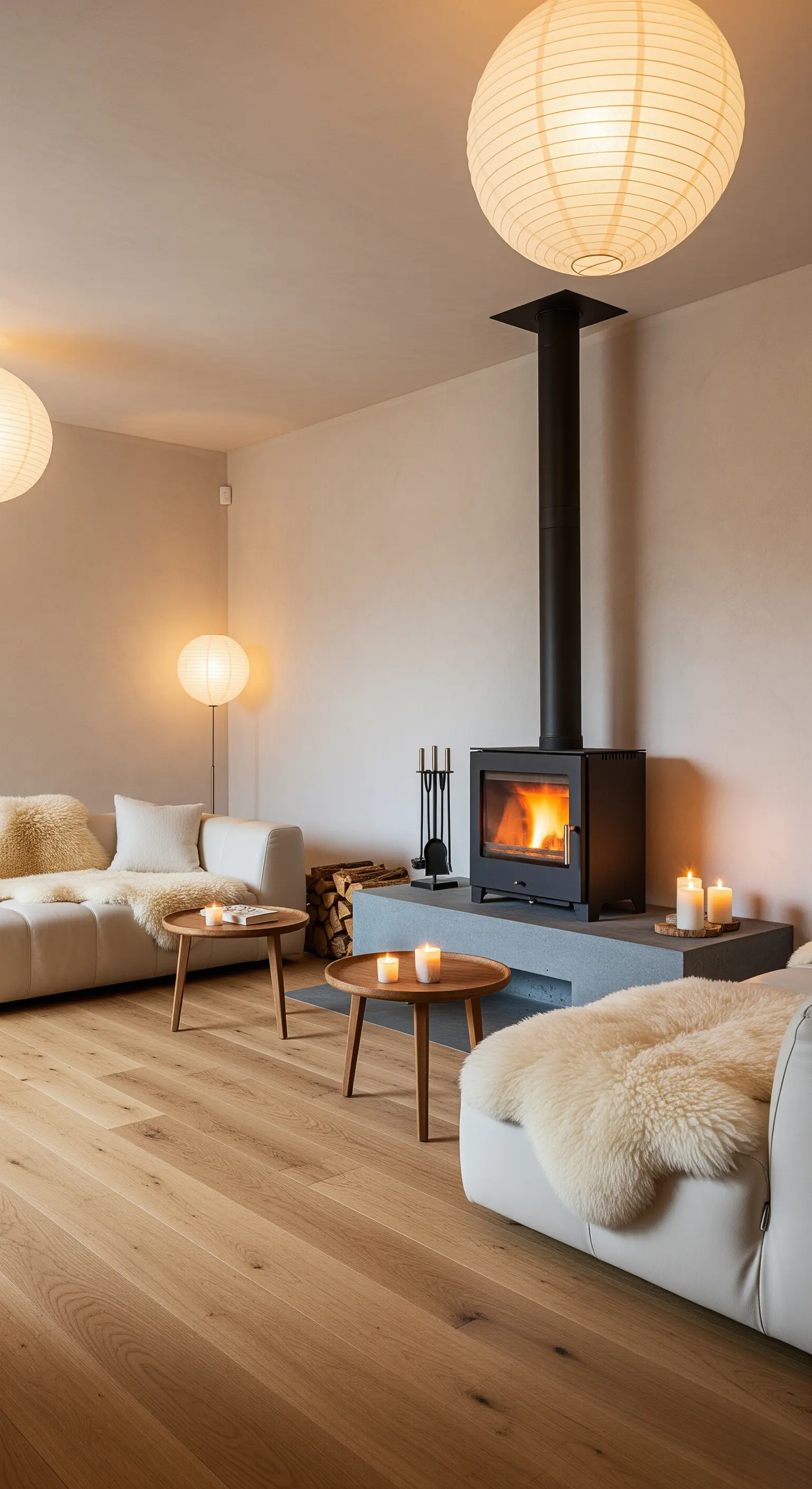 Minimalistischer Kaminofen in einem Japandi-Wohnzimmer mit Schaffellen und Papierlampen.