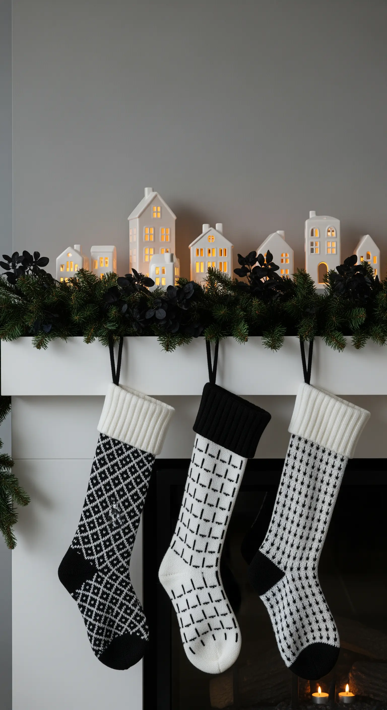Kamin mit leuchtenden Keramikhäusern, schwarzer Girlande und Strickstrümpfen.