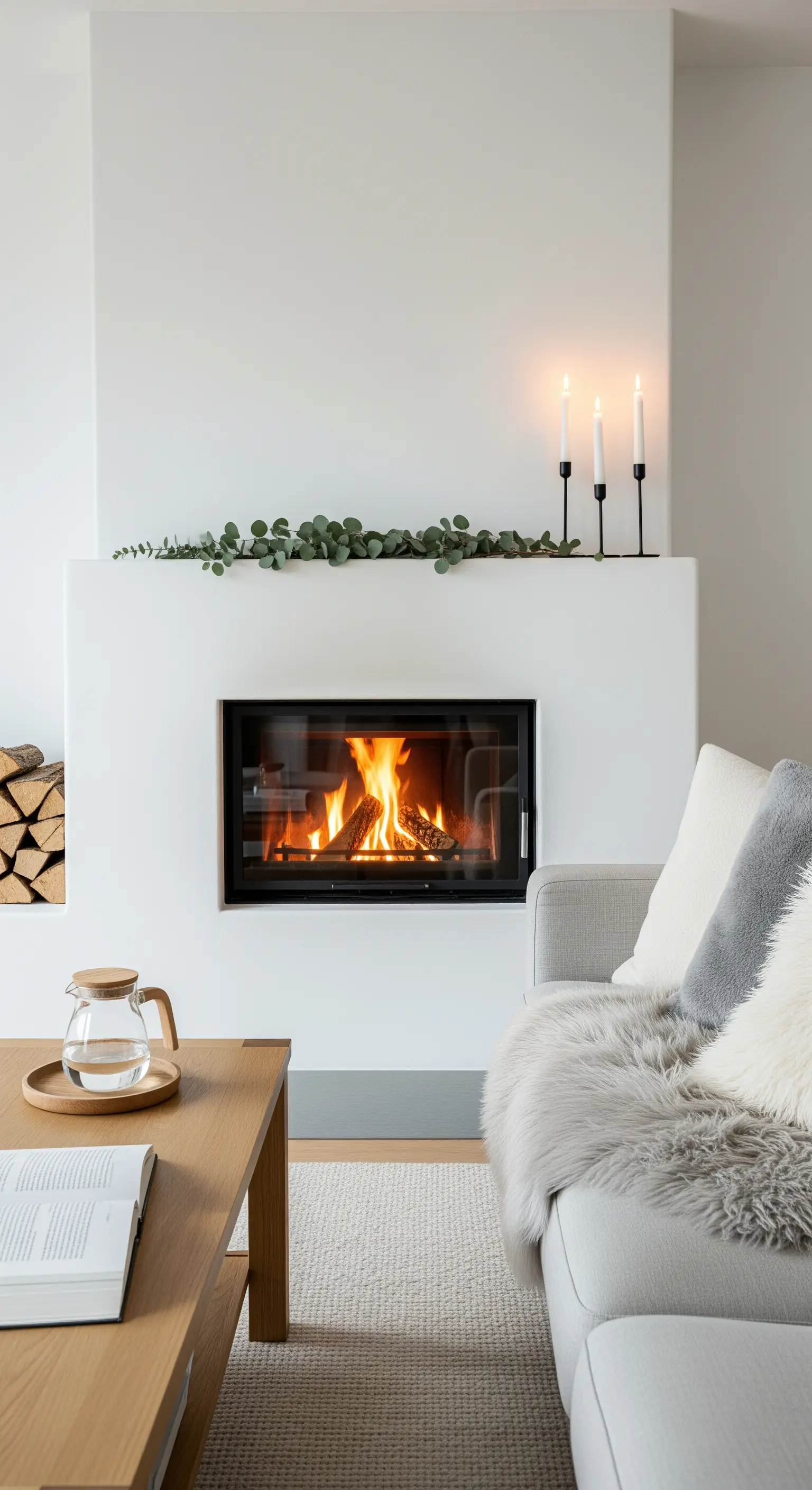 Moderner weißer Kamin mit Eukalyptuszweig und schwarzen Kerzenleuchtern, skandinavischer Stil.