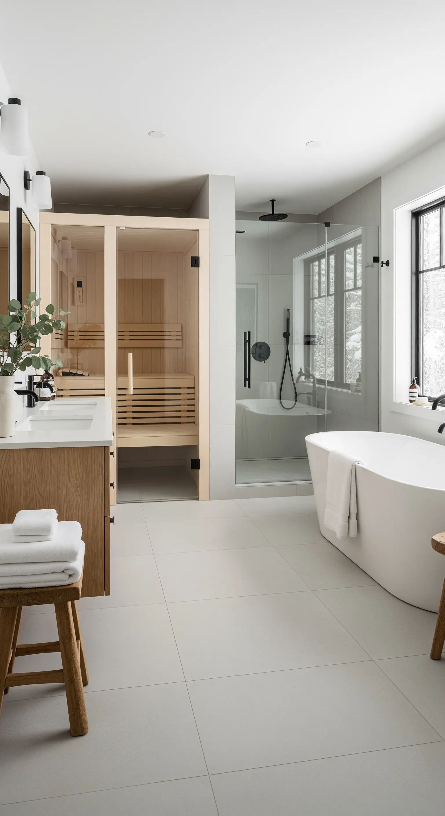Helles Badezimmer mit integrierter Holzsauna und schwarzen Armaturen.