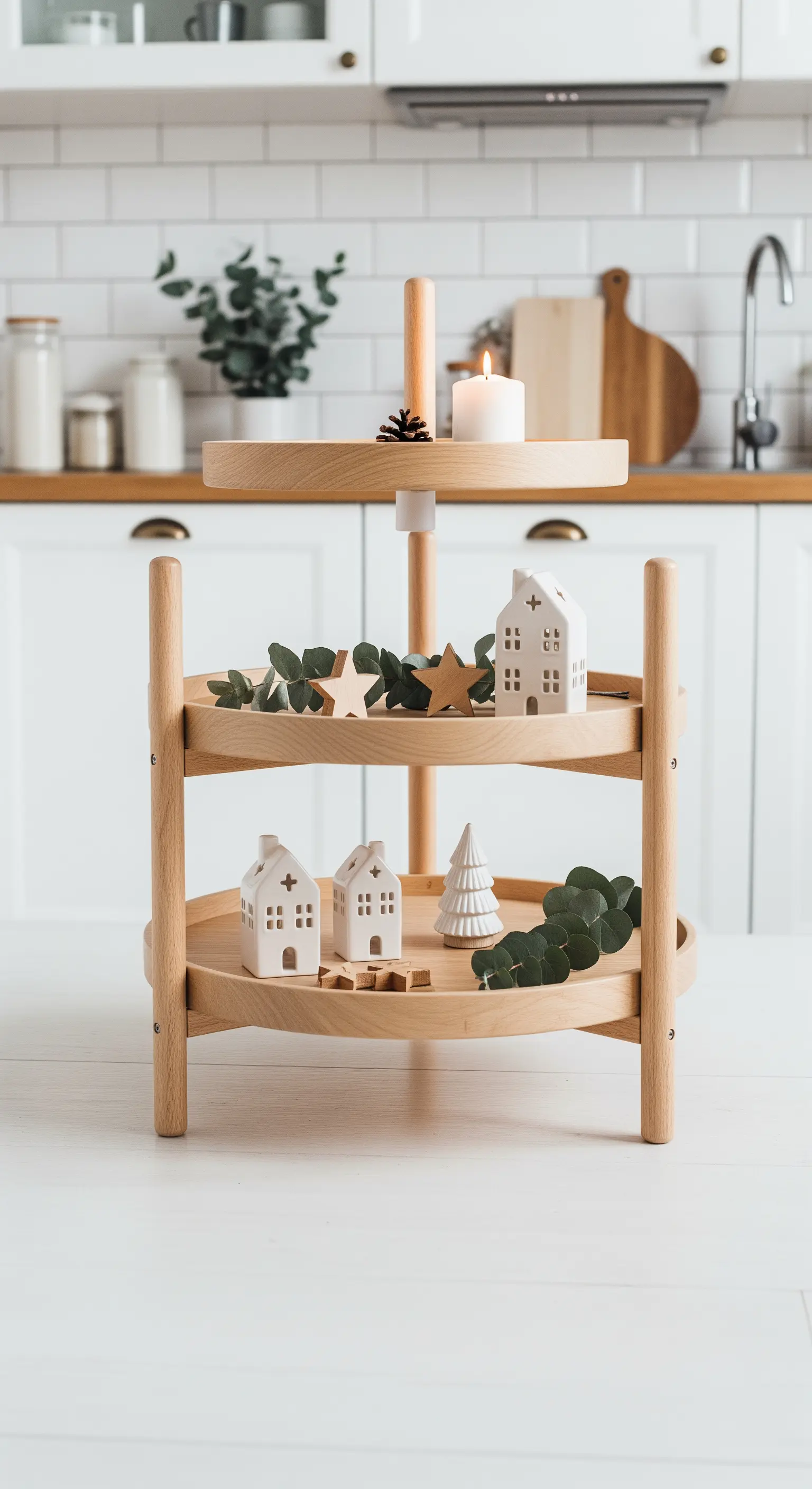 Helle Holz-Etagere im Skandi-Stil mit weißen Keramikhäusern, Holzsternen und Eukalyptus.