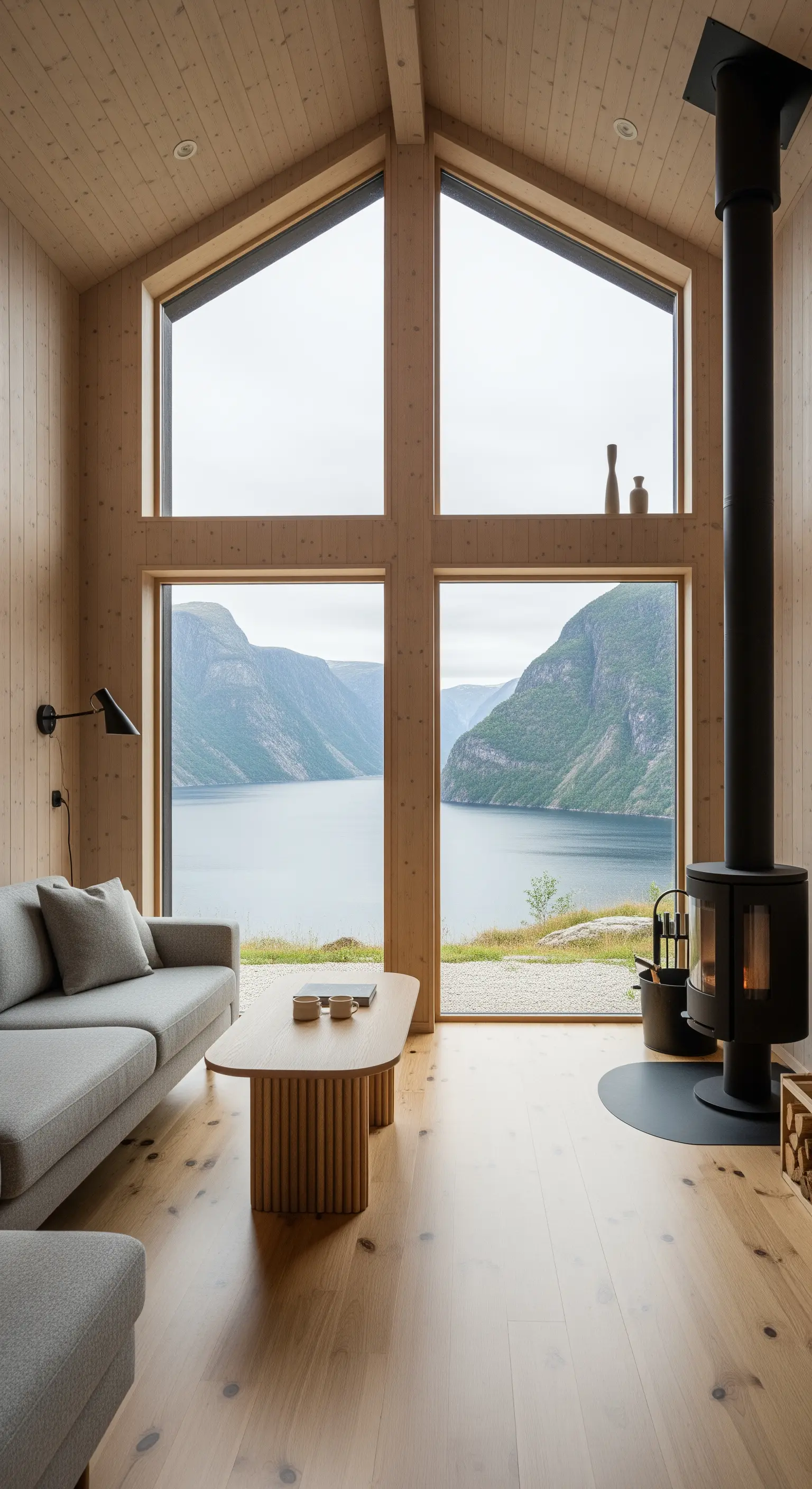 Skandinavisches Wohnzimmer mit hellen Holzwänden, schwarzem Kamin und Blick auf einen Fjord.