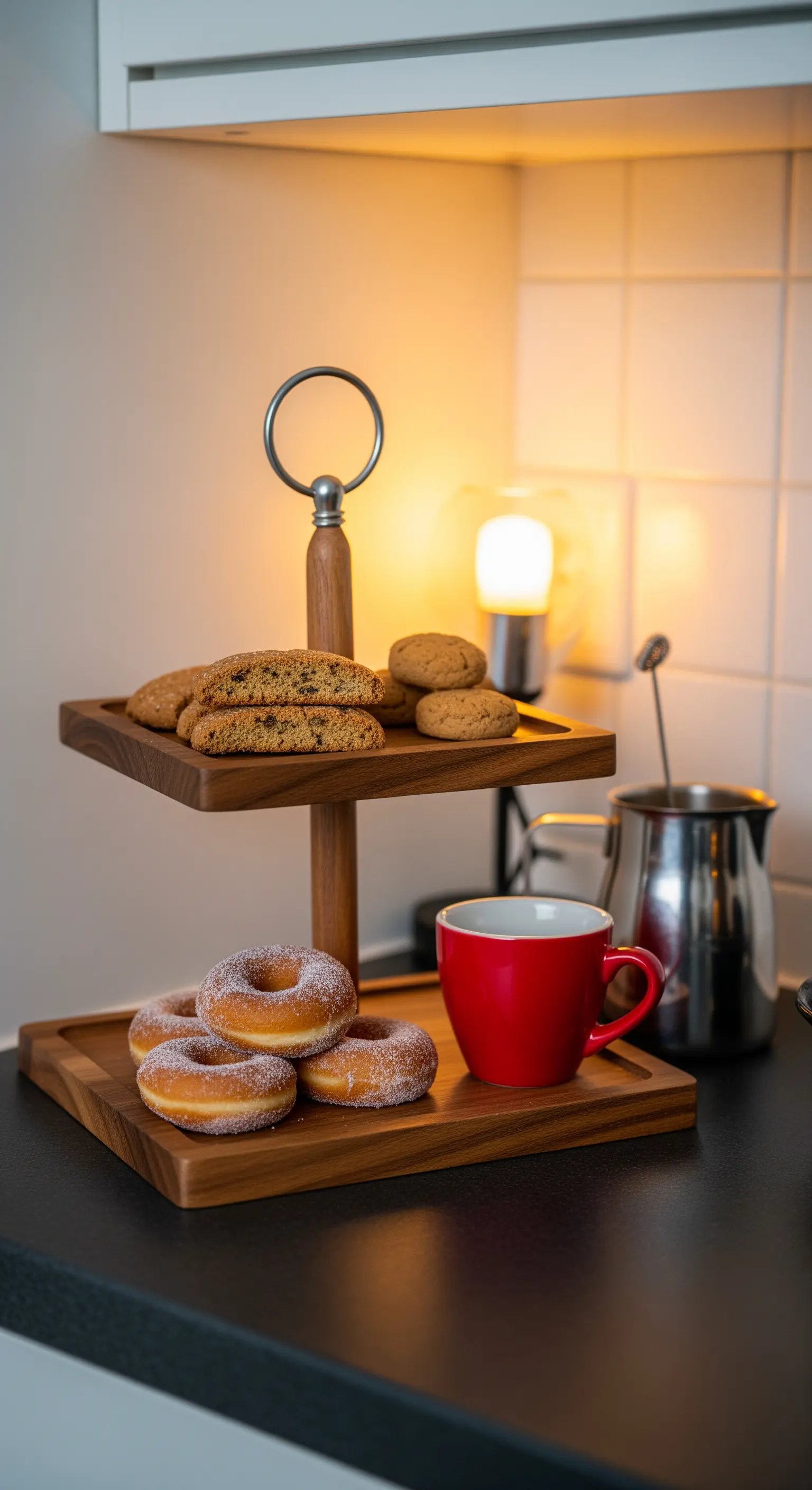 Moderne, quadratische Holz-Etagere mit Gebäck und Donuts.