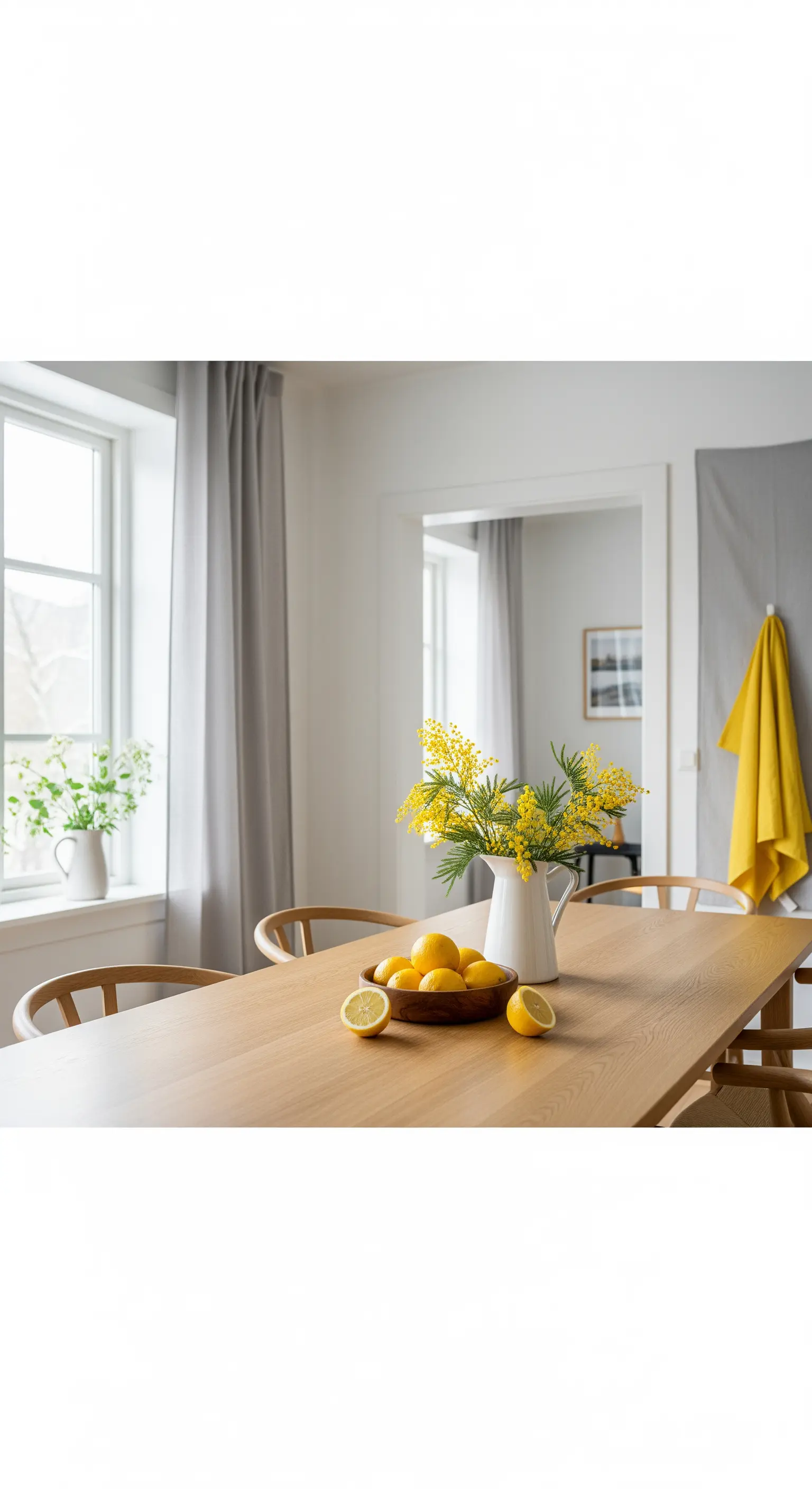 Minimalistischer Essbereich mit Holztisch, Mimosen in Krug und Zitronen in Holzschale