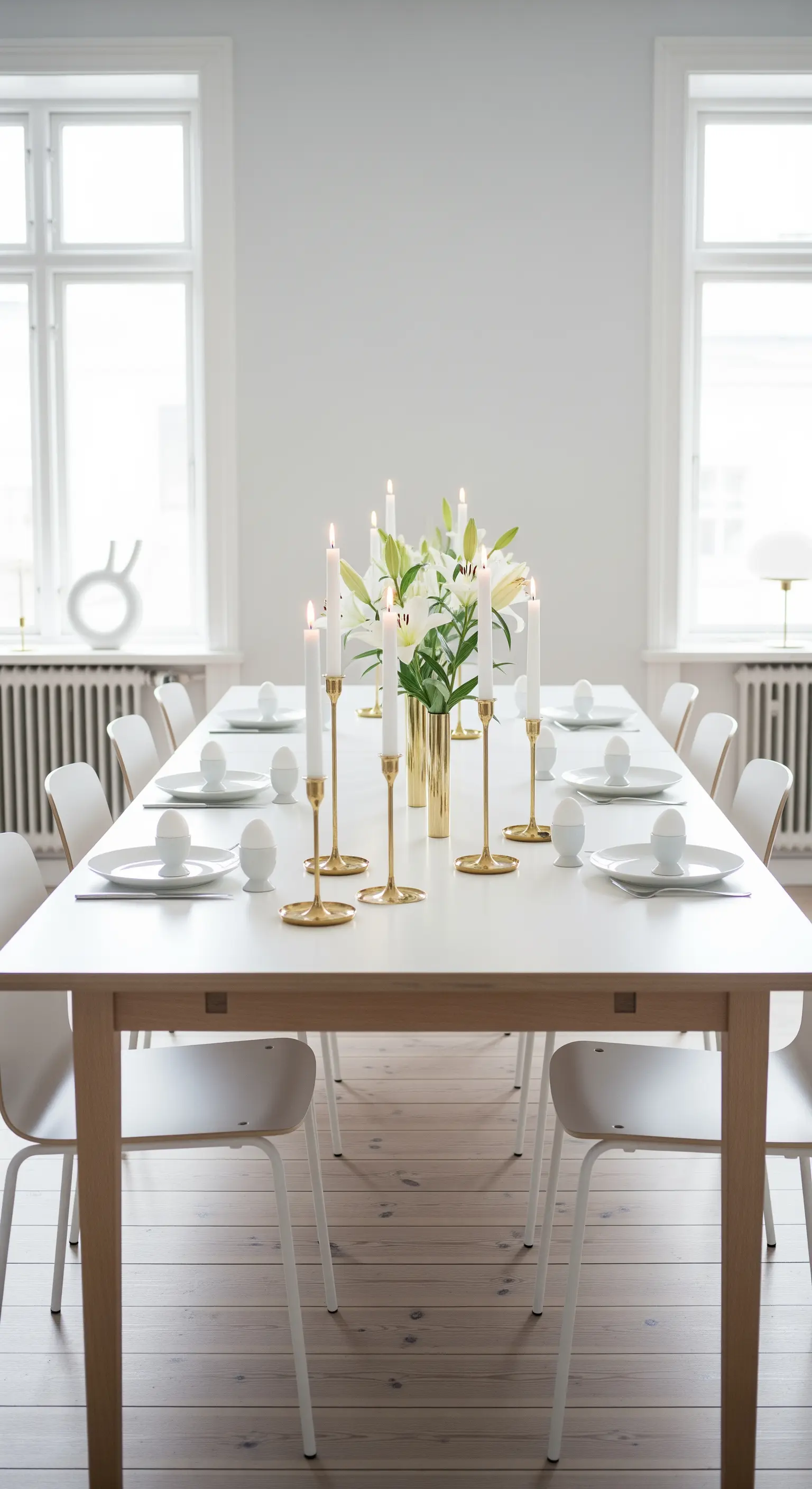 Minimalistischer Oster-Esstisch mit Goldkerzenhaltern und weißen Blumen