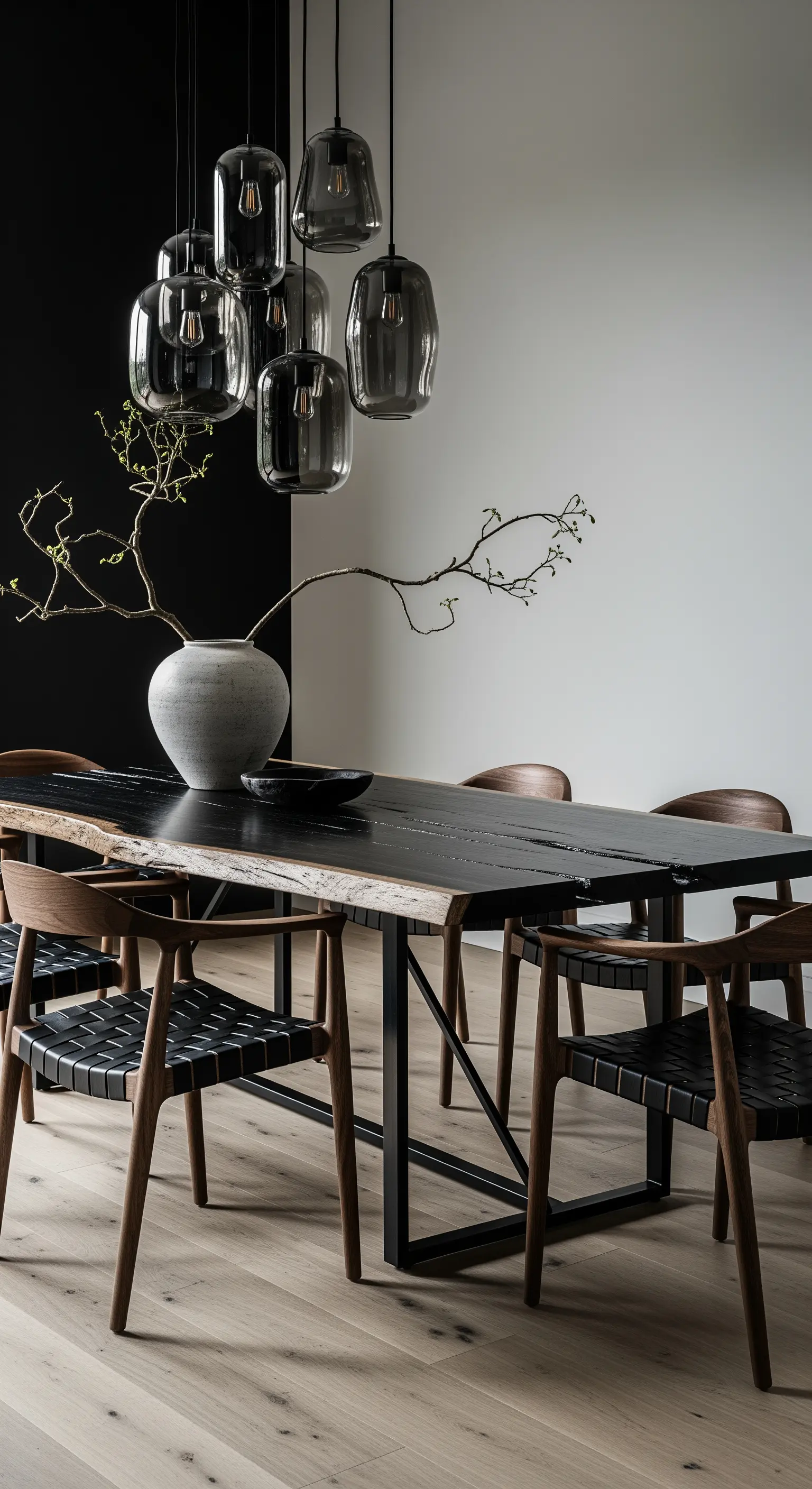 Schwarzer Holztisch mit Naturkante, Rauchglaslampen und minimalistischer Dekoration.