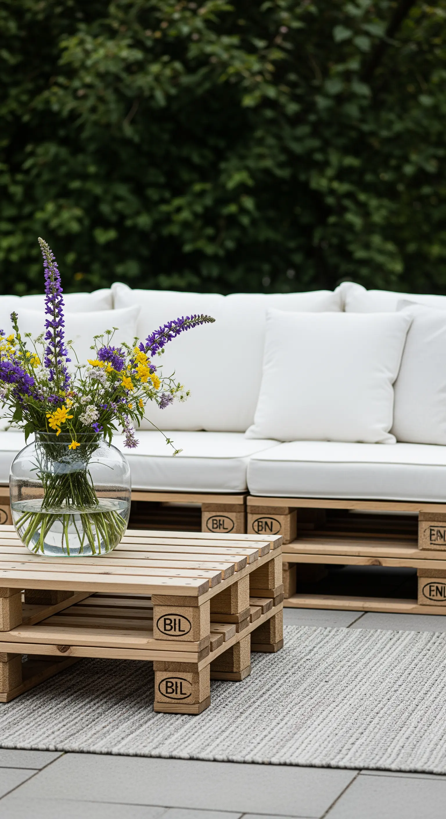 Unbehandelte Paletten-Sitzgruppe mit weißen Kissen, hellgrauem Teppich und Blumenvase.