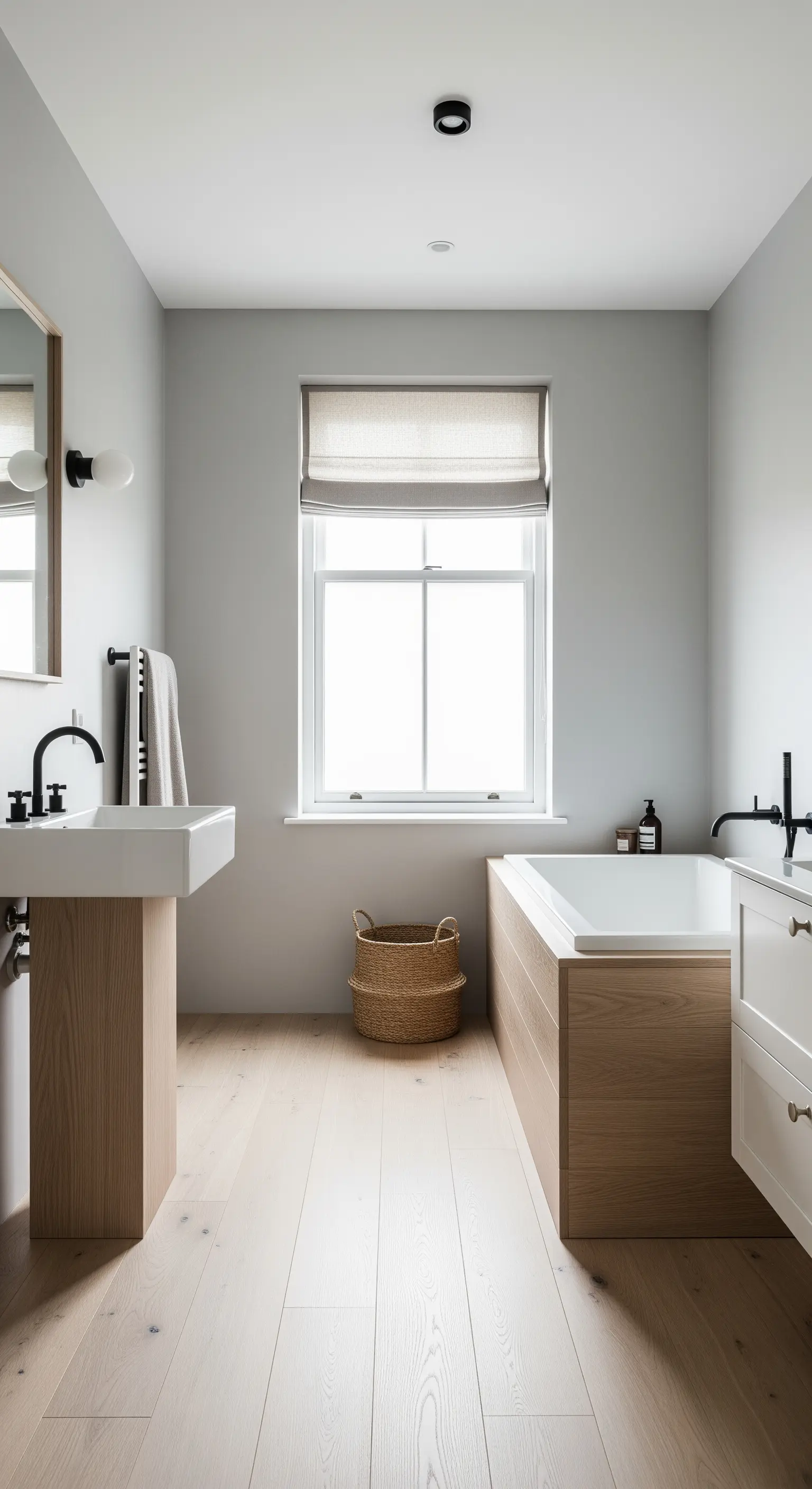 Minimalistisches Bad mit Badewannenverkleidung aus hellem Eichenholz und schwarzen Armaturen