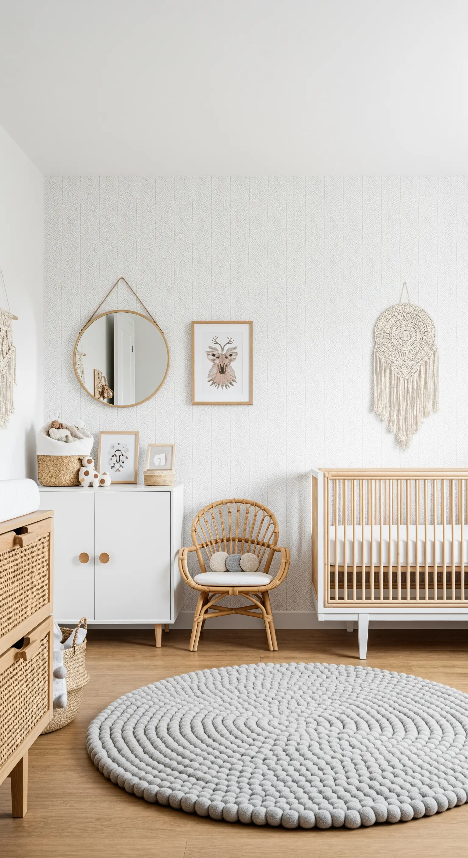 Helles, skandinavisch-inspiriertes Kinderzimmer mit Rattan-Möbeln und Wollkugel-Teppich.