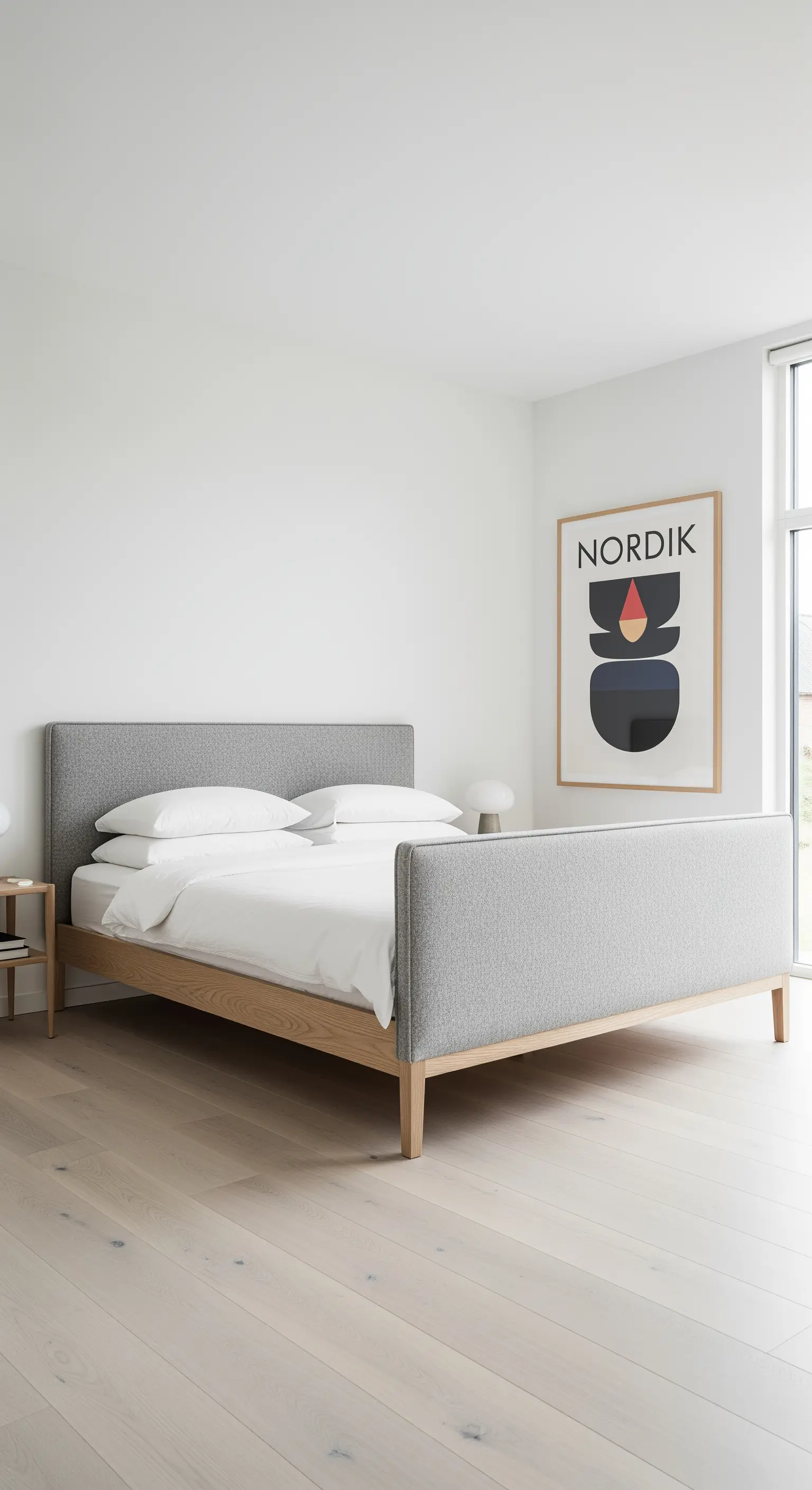 Minimalistisches skandinavisches Bett mit grauem Stoffkopfteil und Holzrahmen