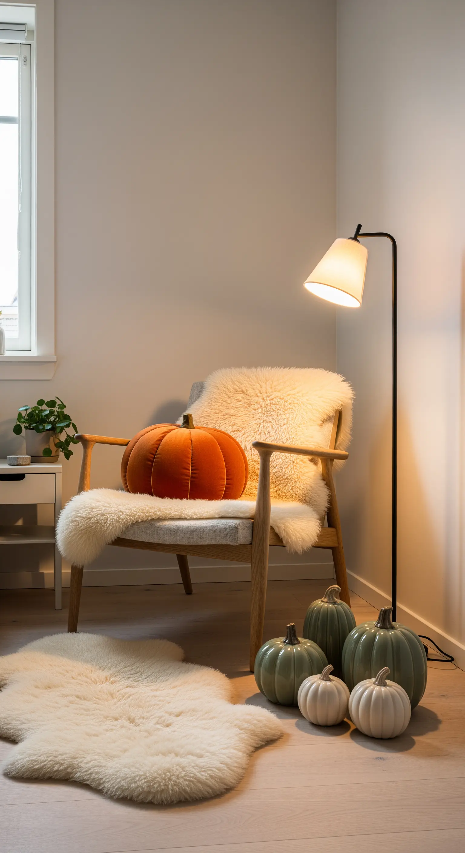 Minimalistische Herbstdeko mit salbeigrünen und weißen Kürbissen, Schaffell und Stehlampe