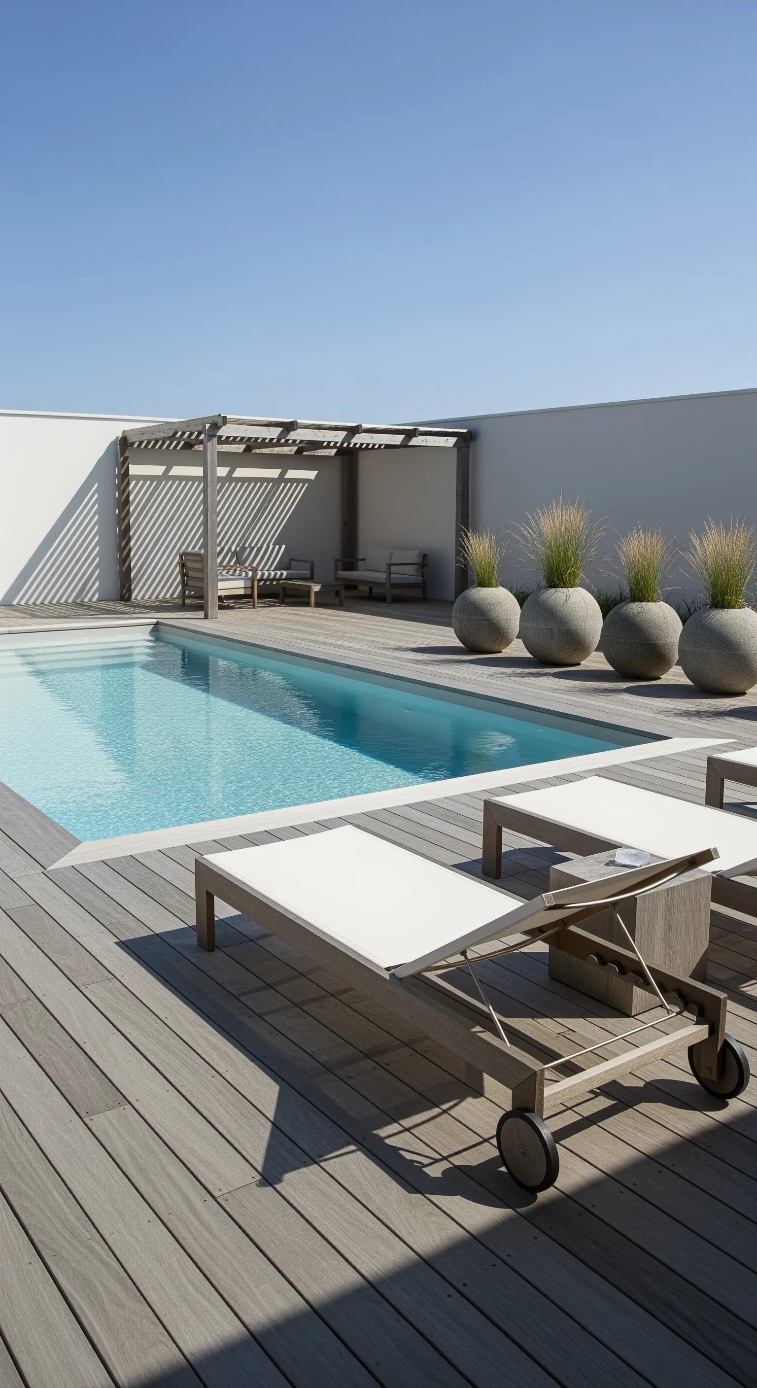 Minimalistischer Poolbereich mit hellem Holzdeck, Pergola und Gräsern in Betonkübeln.