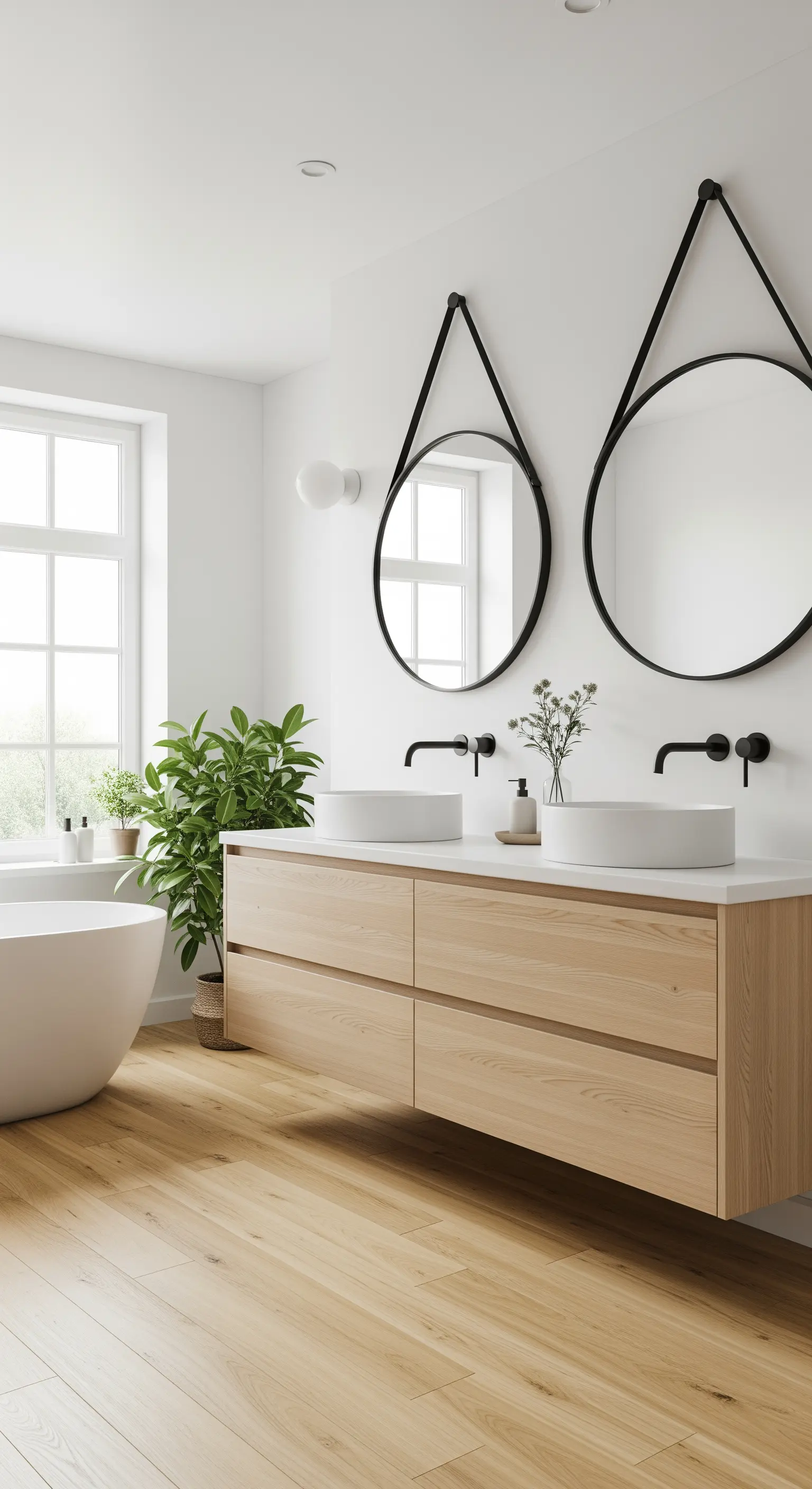 Skandinavisches Badezimmer mit hellem Holzwaschtisch und schwarzen runden Hängespiegeln.