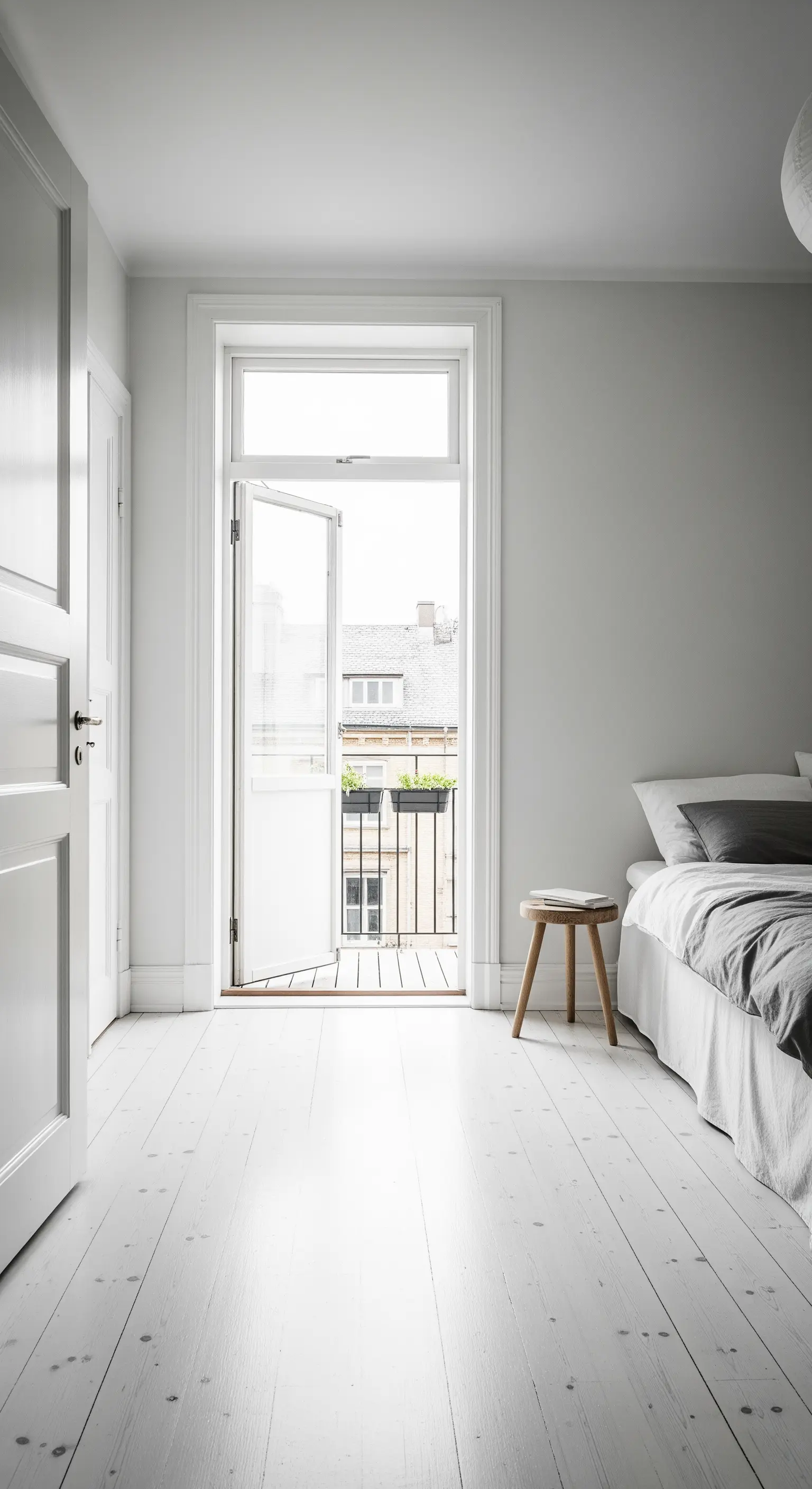 Helles, skandinavisches Schlafzimmer mit weißem Boden und offener Balkontür.