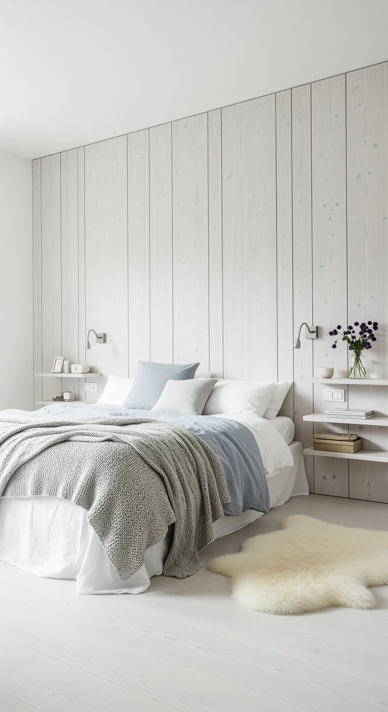 Helle, skandinavische Wandverkleidung aus weiß gekalktem Holz mit integrierten Regalen.