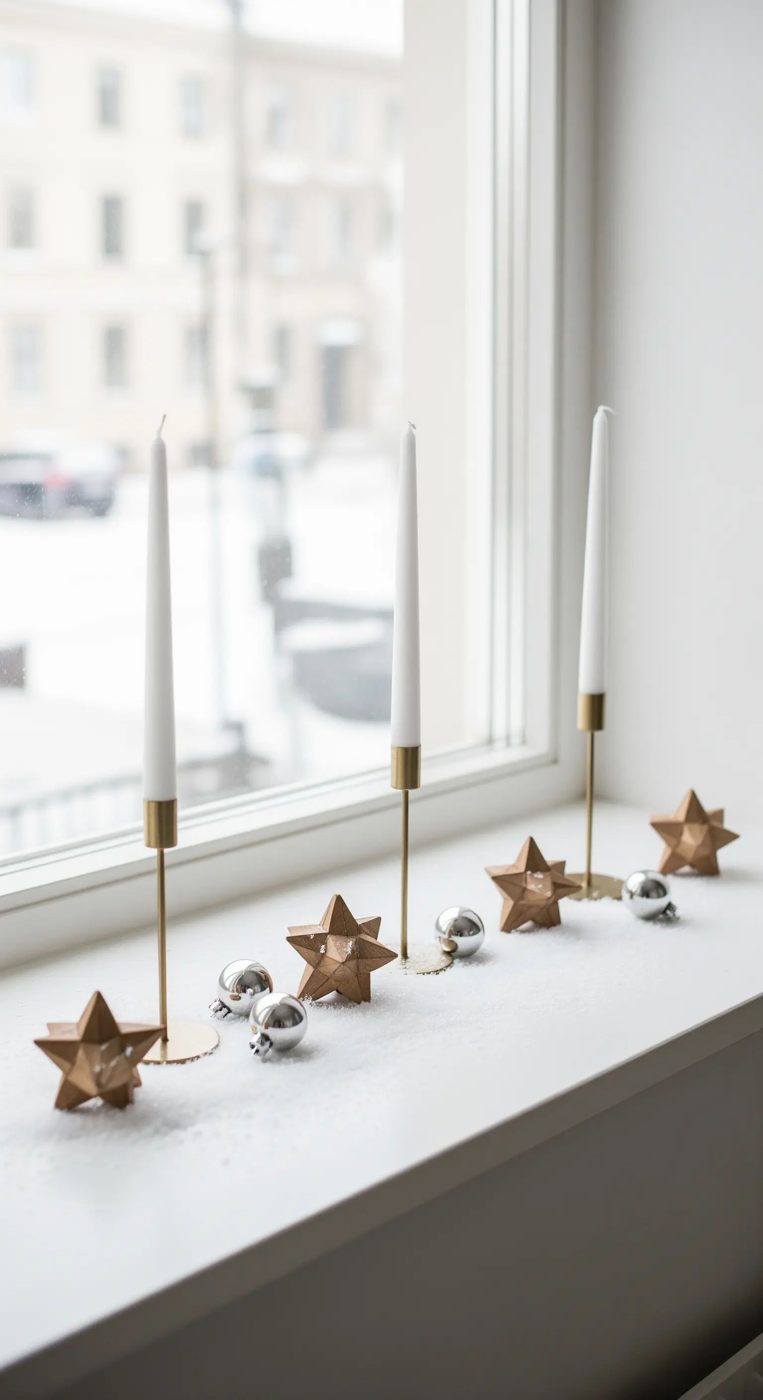 Minimalistische Fensterdeko mit Stabkerzen, goldenen Sternen und Kunstschnee.