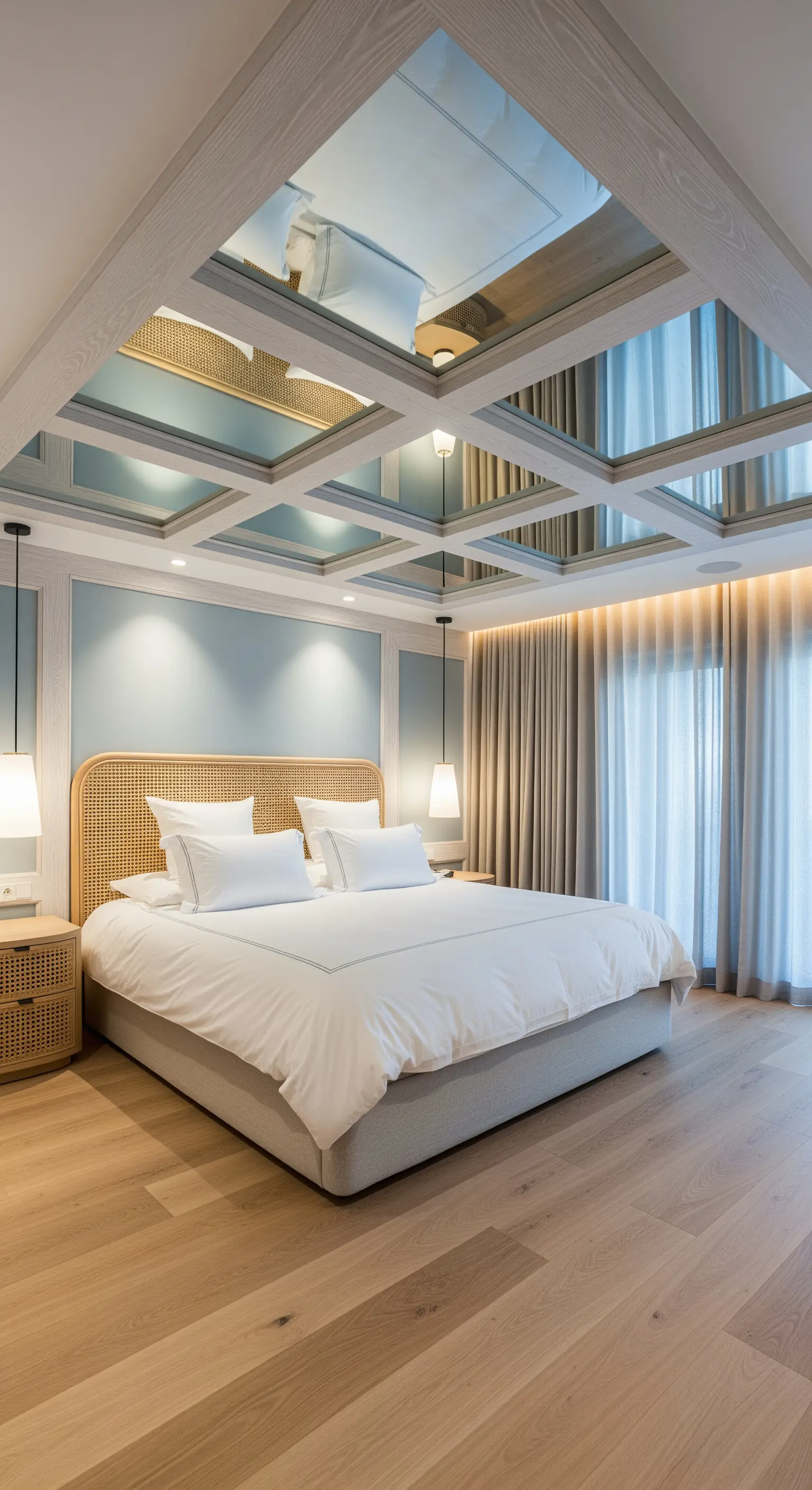 Helles Schlafzimmer im skandinavischen Stil mit Holzrahmen-Spiegeldecke und Rattan-Kopfteil.