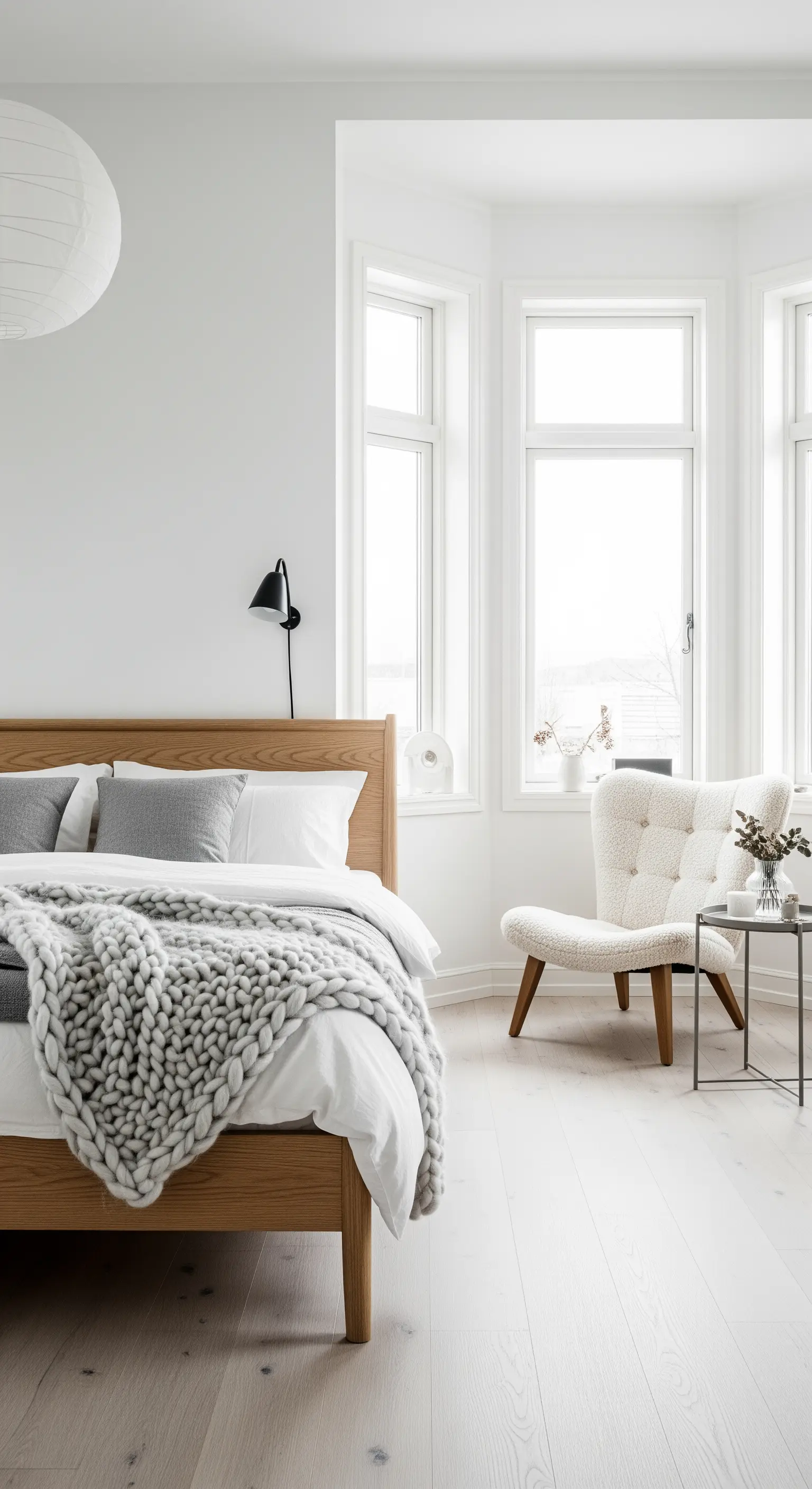 Helles, minimalistisches Schlafzimmer mit einem weißen Bouclé-Sessel in einem Erkerfenster.