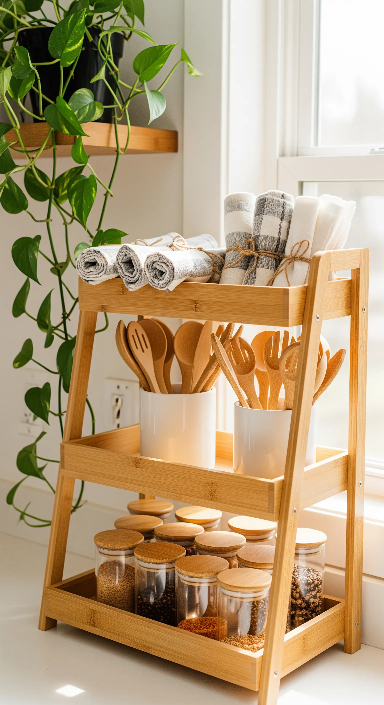 Bambus-Etagere als Organizer in der Küche mit Geschirrtüchern, Holzbesteck und Gewürzgläsern.