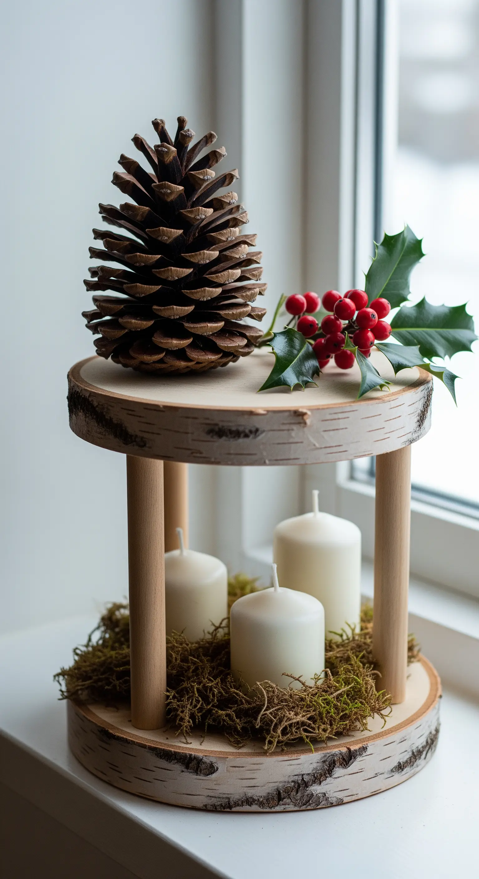 Minimalistische Etagere aus Birkenholz mit Kiefernzapfen, Stechpalme und weißen Kerzen