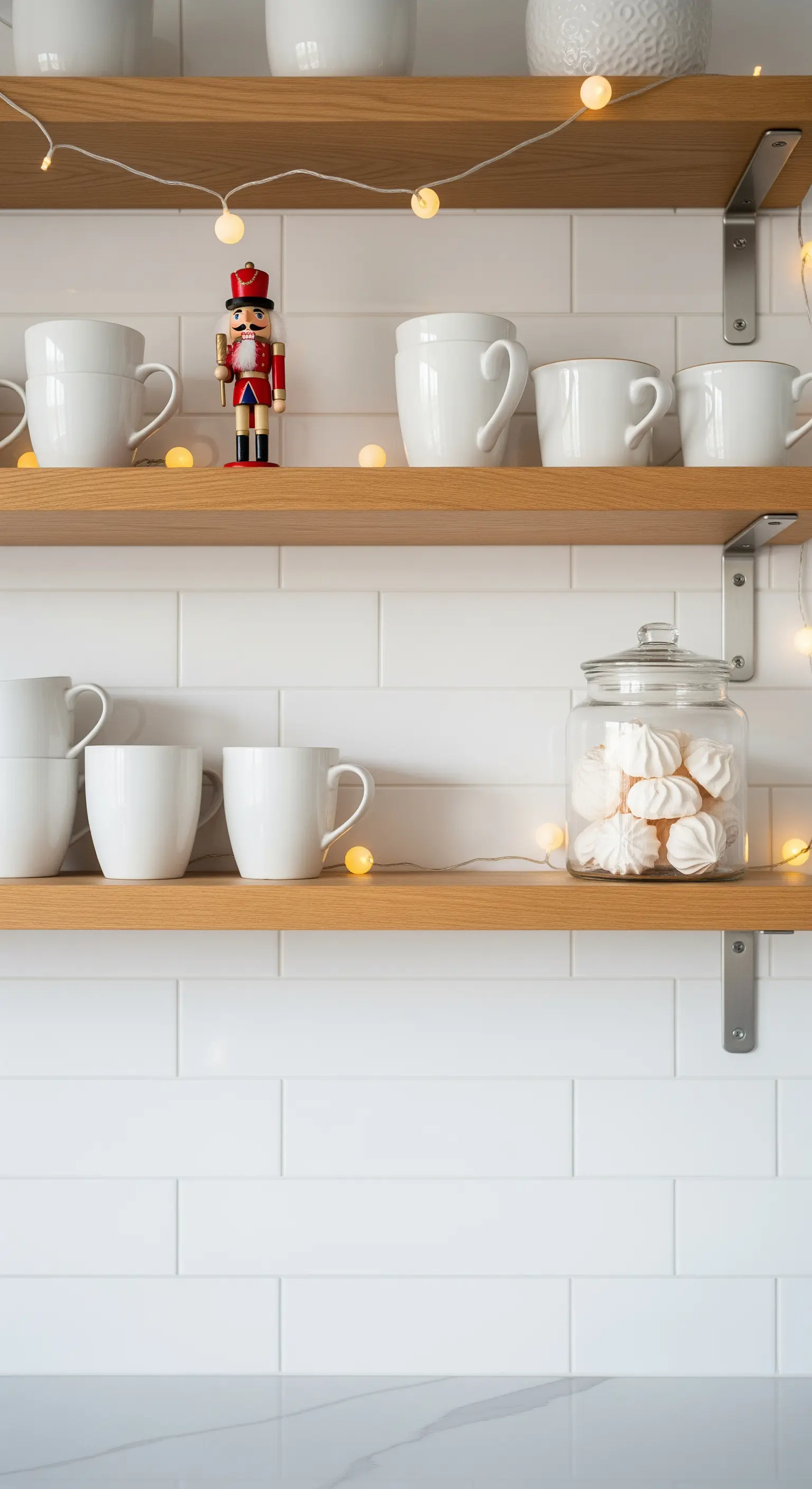 Küchenregale mit weißen Tassen, Lichterkette und Nussknacker-Figur