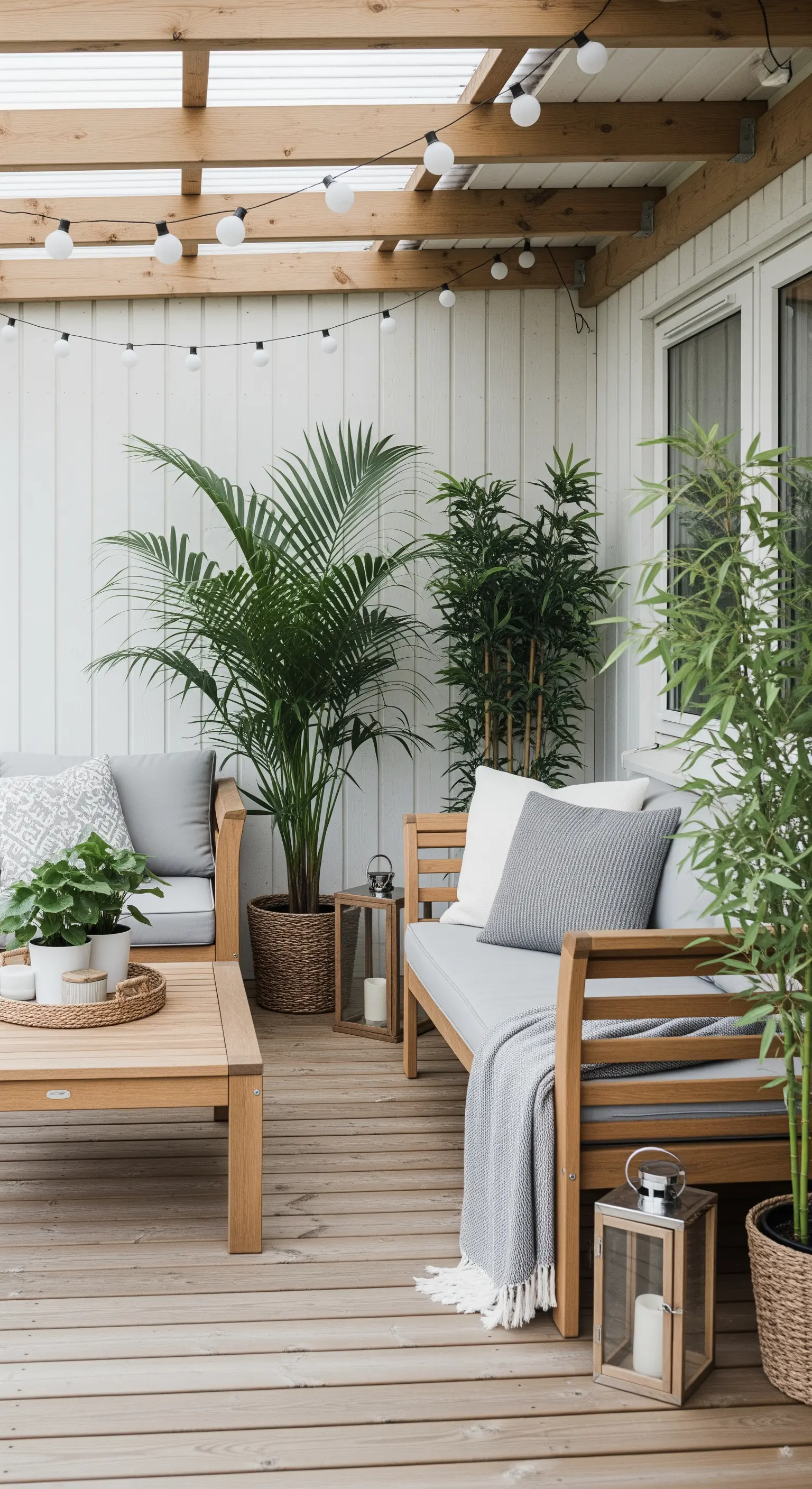 Helle Holzterrasse im skandinavischen Stil mit grauen Polstern und runden Lichterketten.