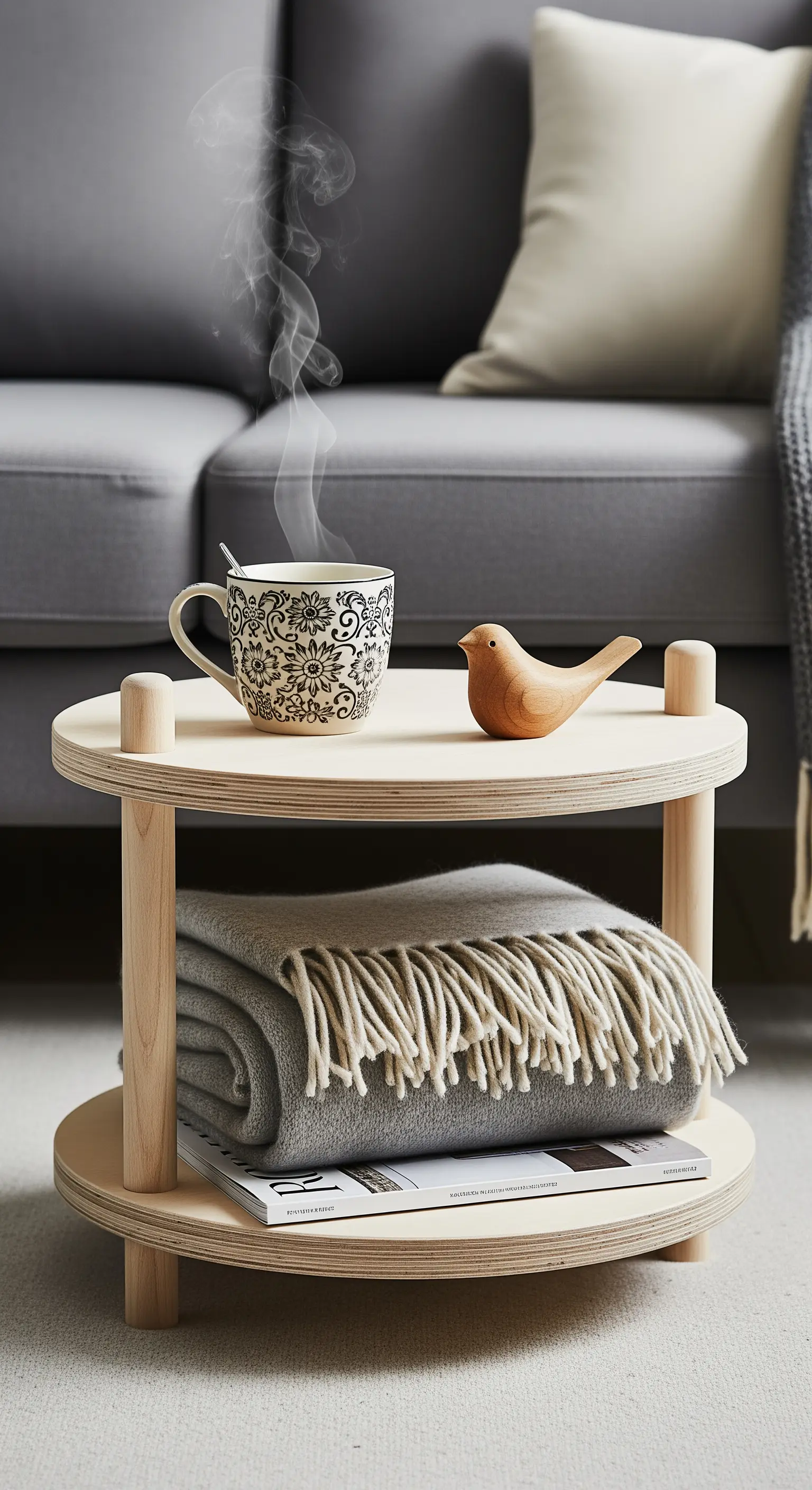 Niedriger runder Holztisch im skandinavischen Stil mit Tasse und Decke.