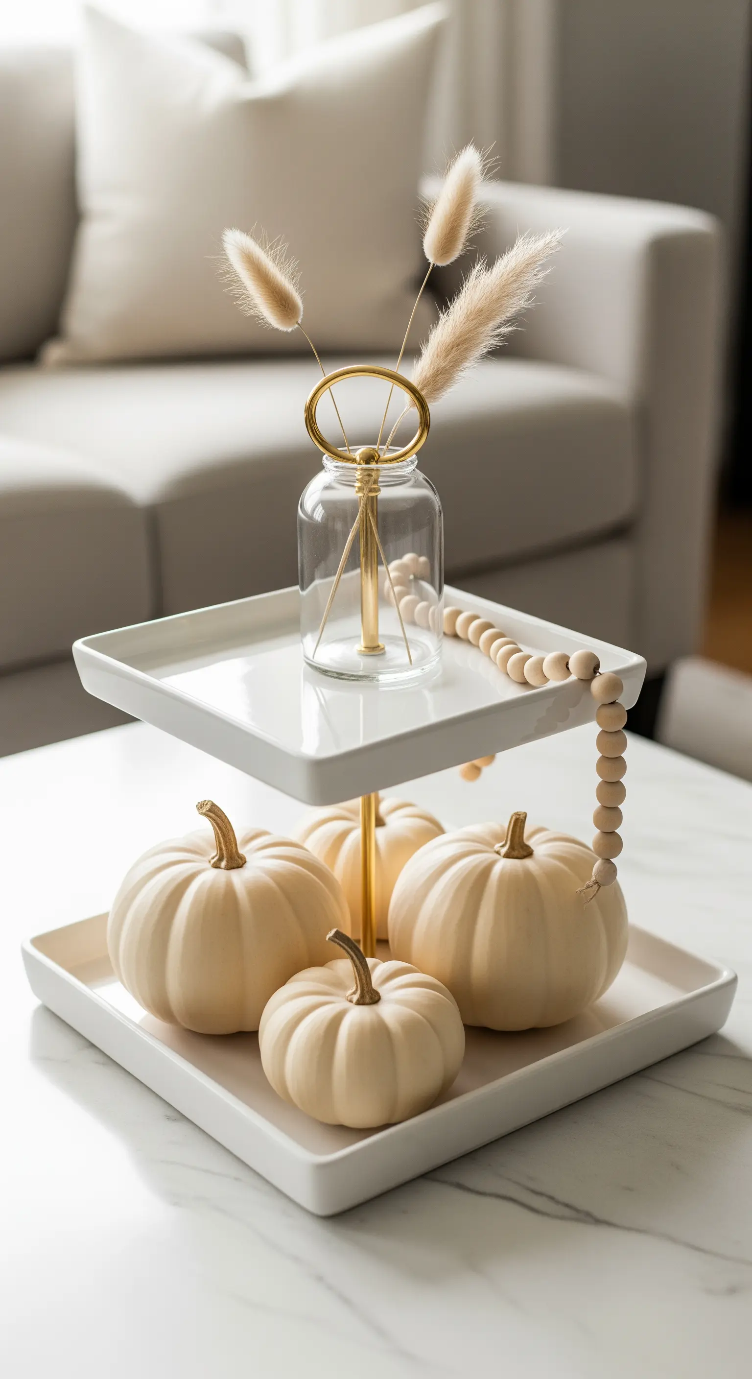 Minimalistische Herbst-Etagere in Weiß und Gold mit Pampasgras.