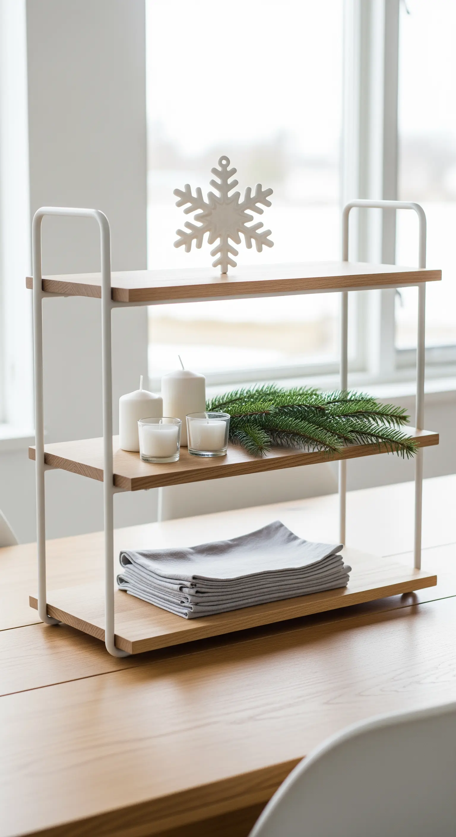Minimalistische Etagere aus Holz und Metall mit Kerzen und Tannengrün.