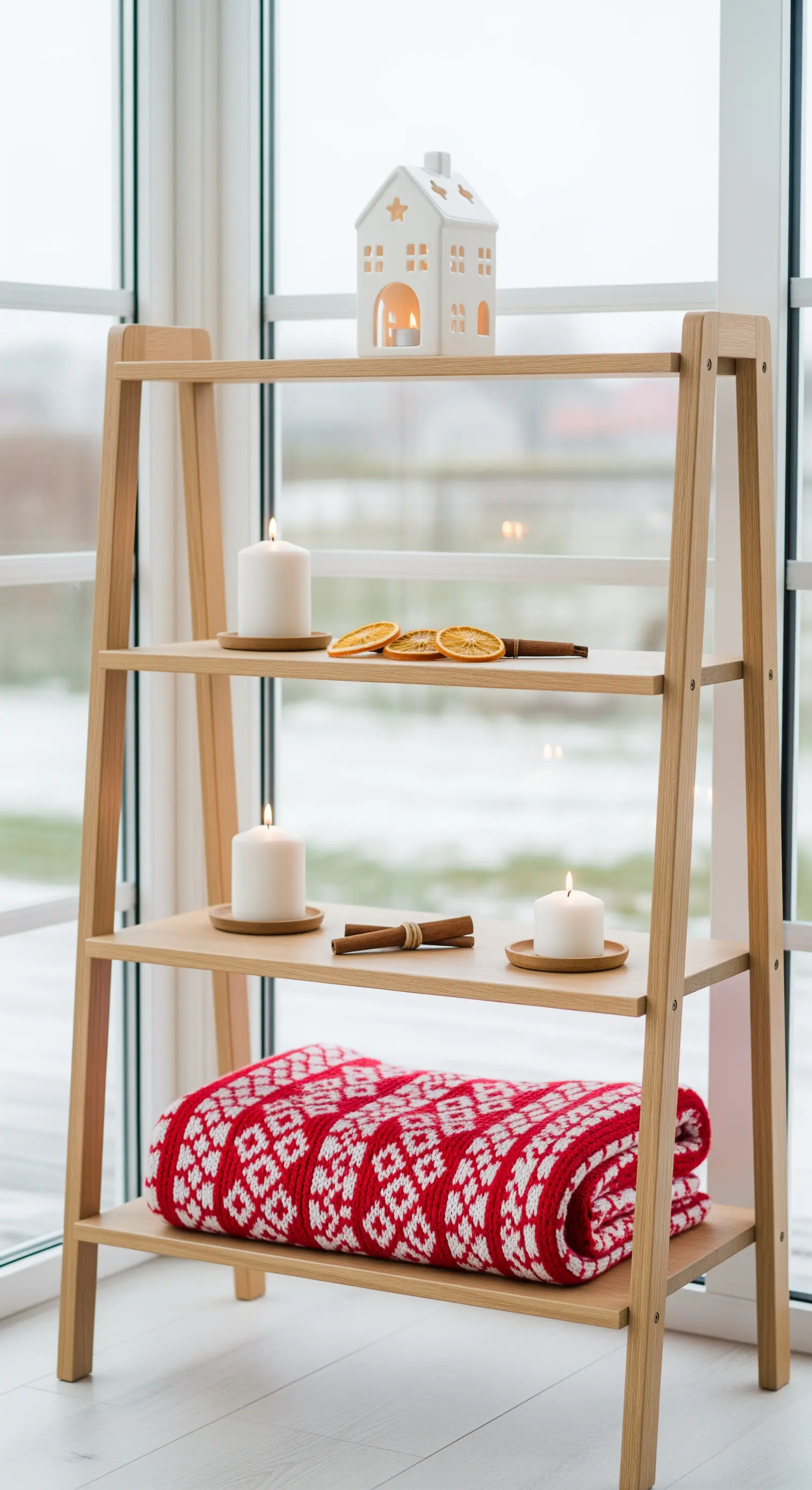 Helle Holz-Etagere mit weißen Kerzen, Orangenscheiben und einer Strickdecke