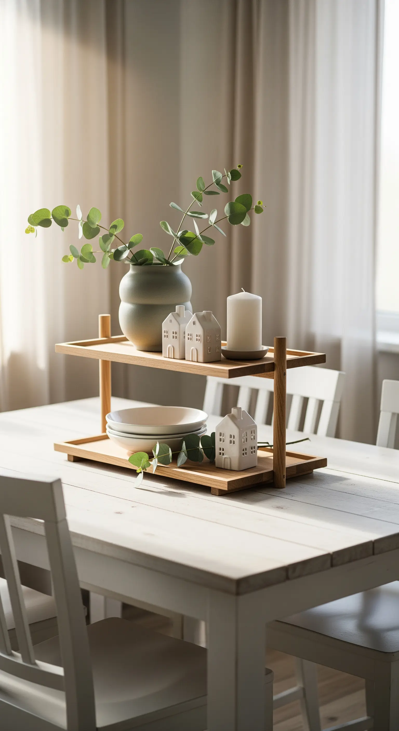 Holz-Etagere mit weißen Lichthäusern und Eukalyptus