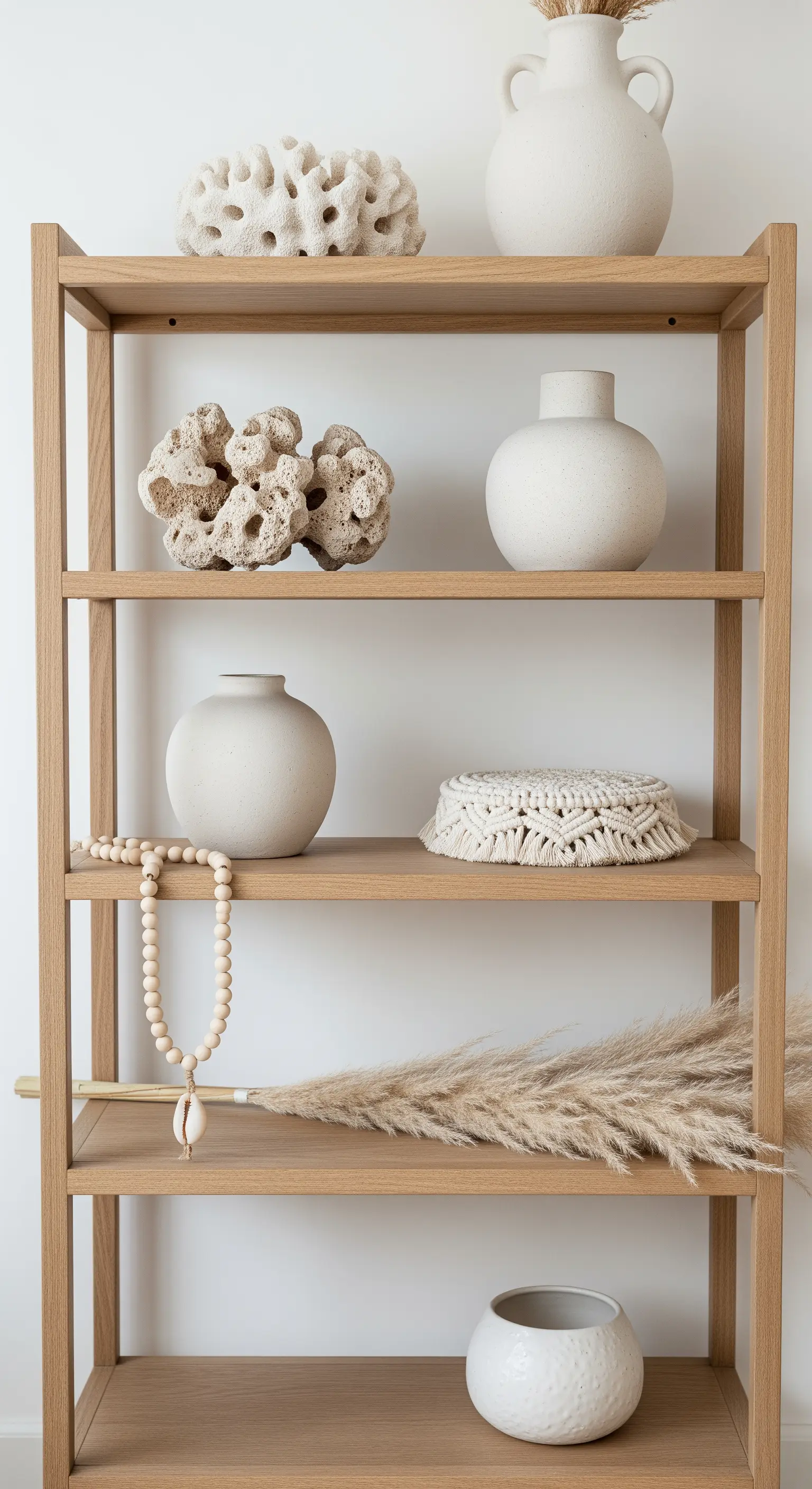 Helles Holzregal mit weißer Keramik, Korallen, Pampasgras und Holzperlenkette.