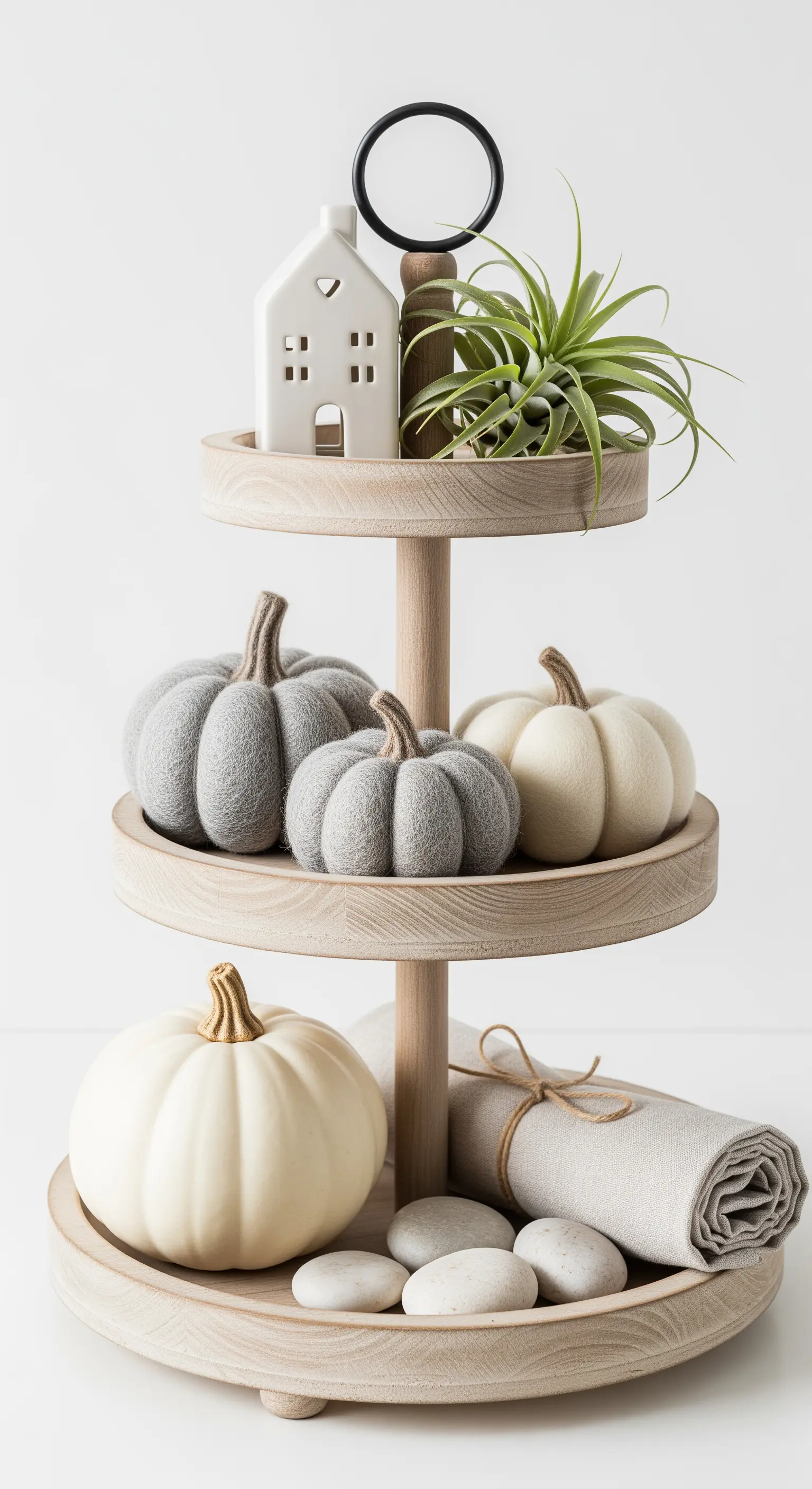 Helle Holz-Etagere mit Filz-Kürbissen und einer Luftpflanze