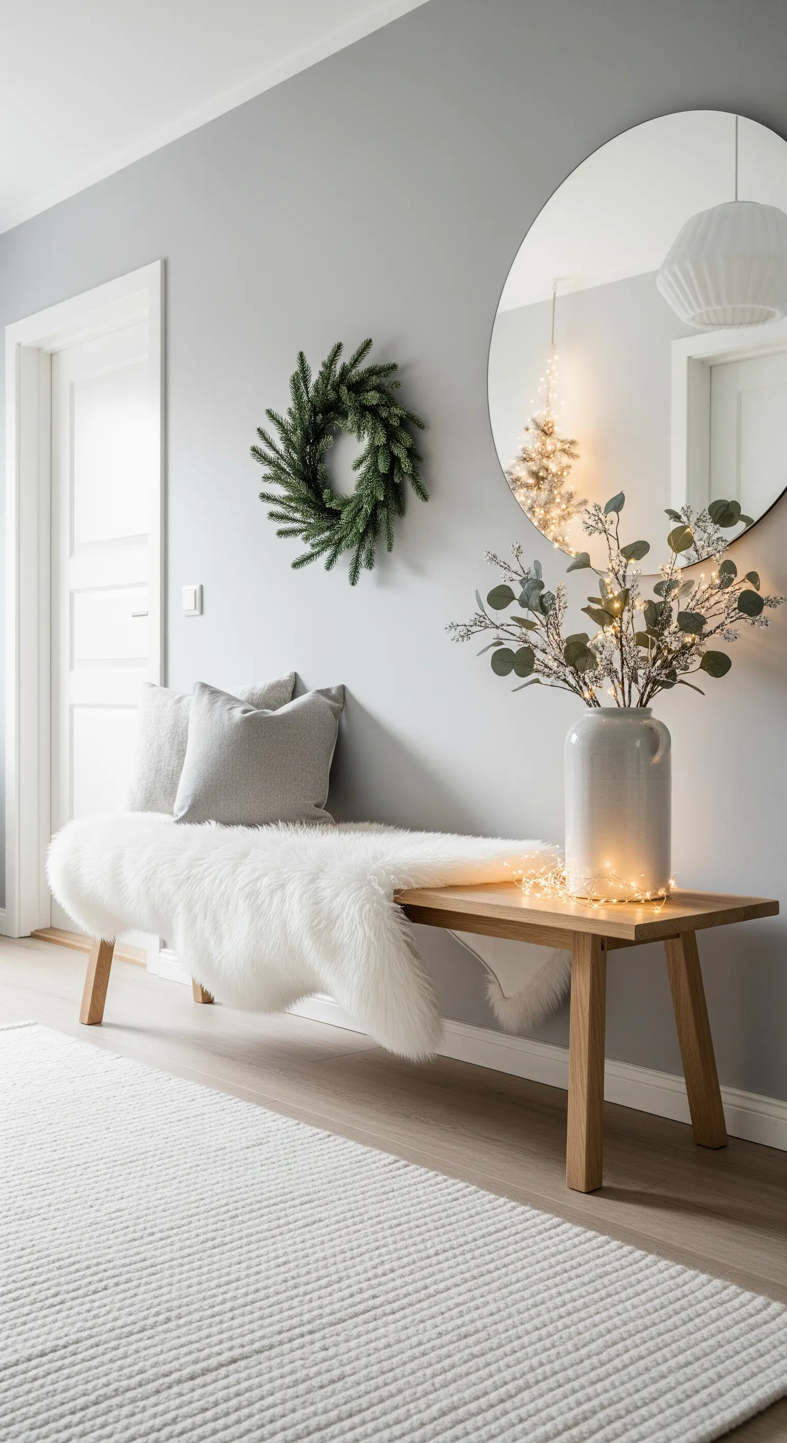 Cozy Skandi Flur mit Fellbank, grünem Kranz, Rundspiegel und Lichterkette