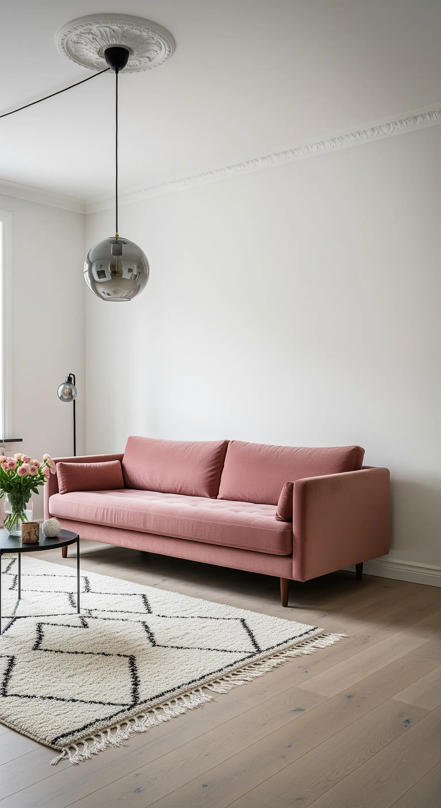 Rosafarbenes Samtsofa in einem minimalistischen, skandinavischen Raum mit einer Kugel-Hängelampe.