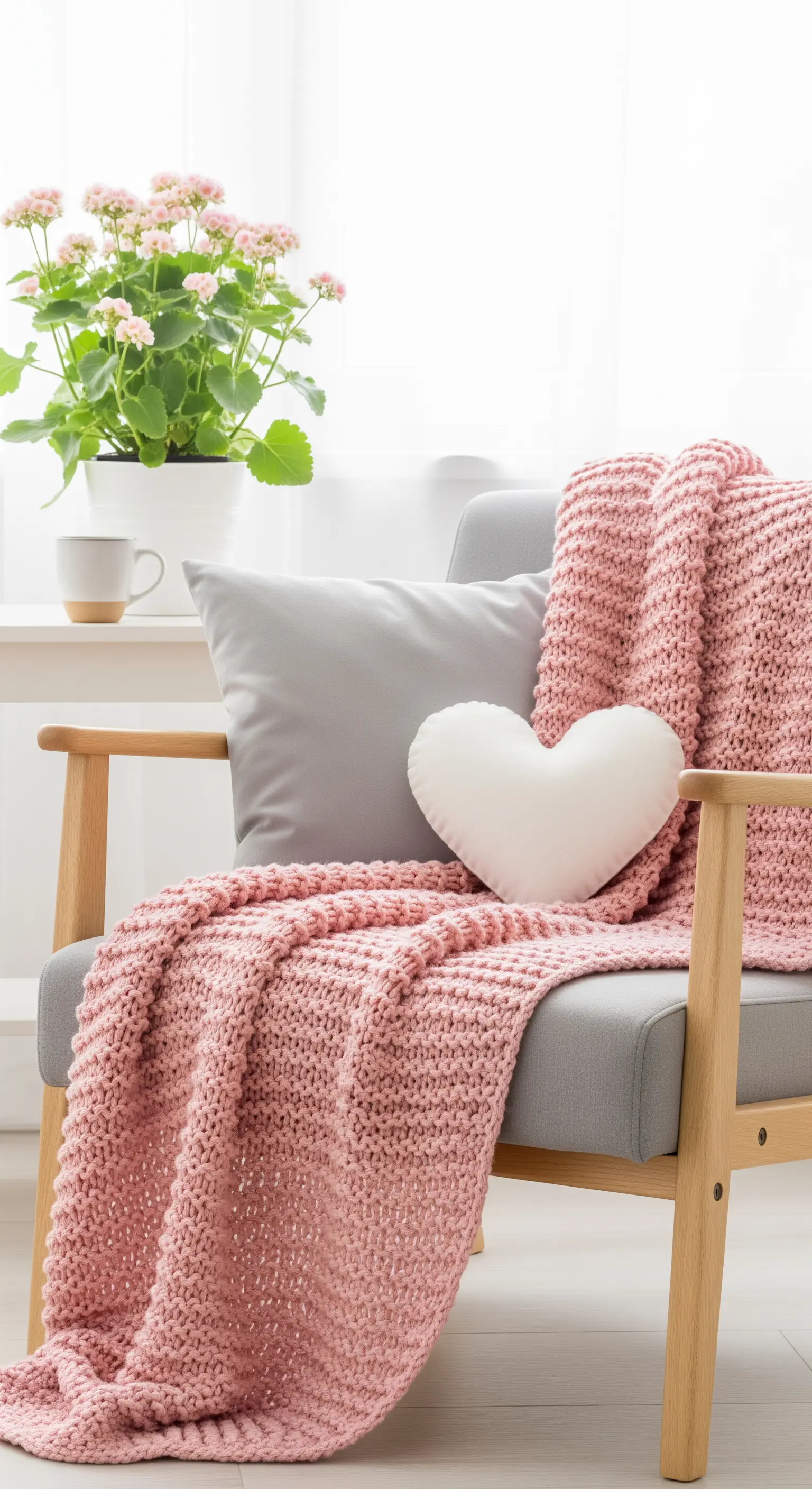 Heller Sessel im Scandi-Stil mit einer rosa Strickdecke und einem weißen Herzkissen.