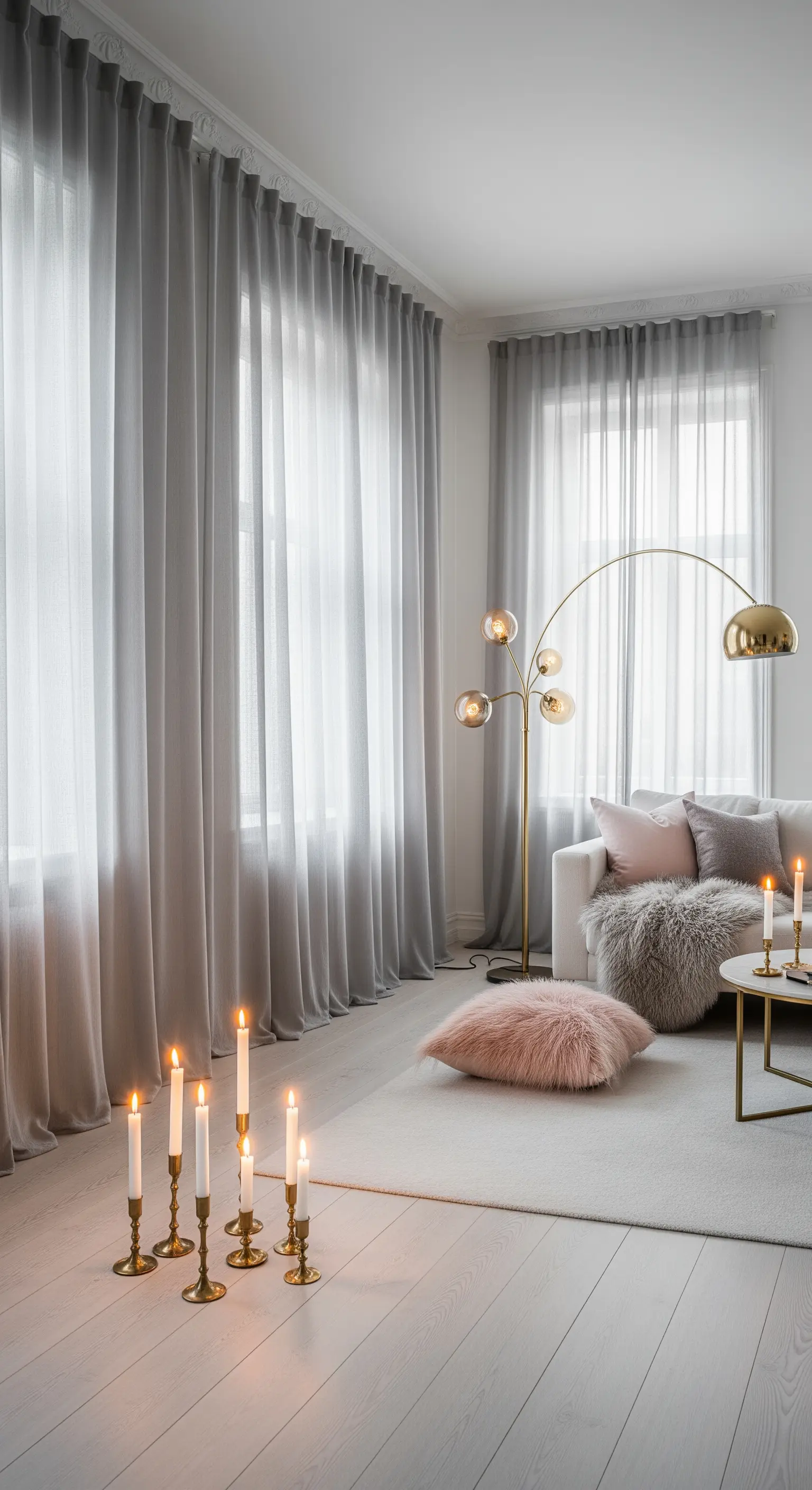 Minimalistisches Wohnzimmer mit transparenten grauen Vorhängen und Kerzenlicht.