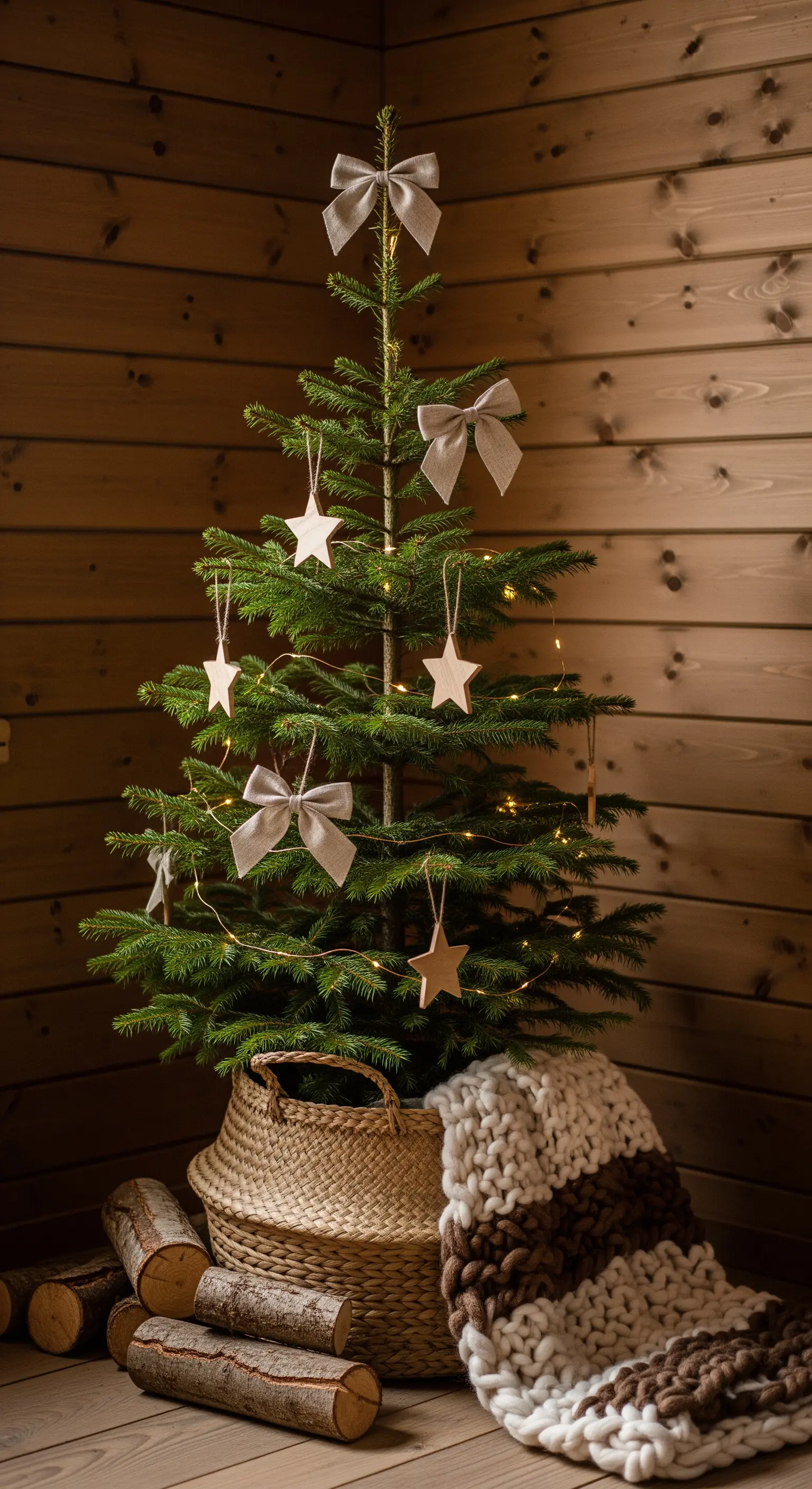 Kleine Tanne im Weidenkorb, Holzsterne, Schleifen, Strickdecke für skandinavischen Stil.