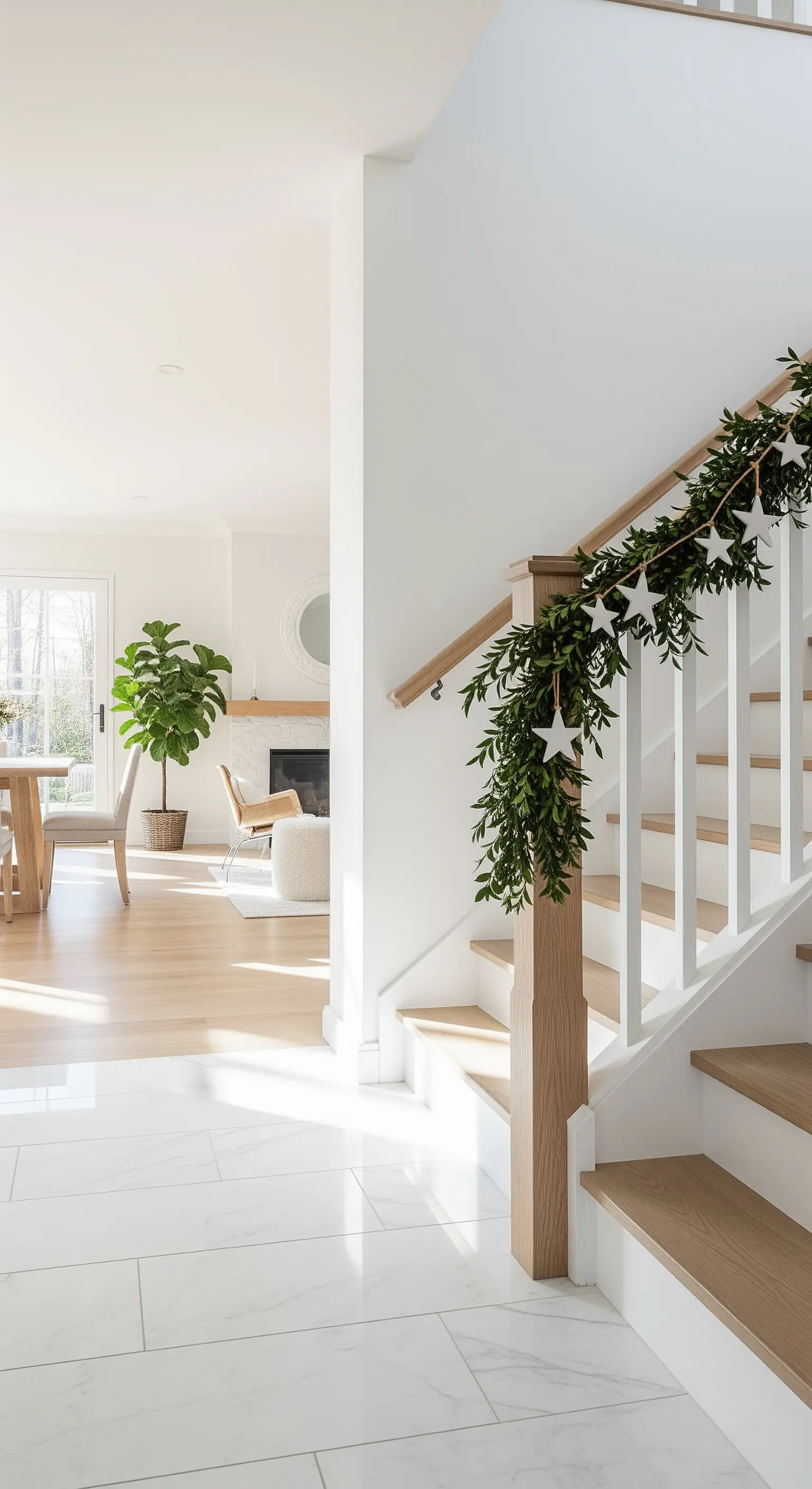 Minimalistische Treppe mit einfacher grüner Girlande und weißen Sternen.
