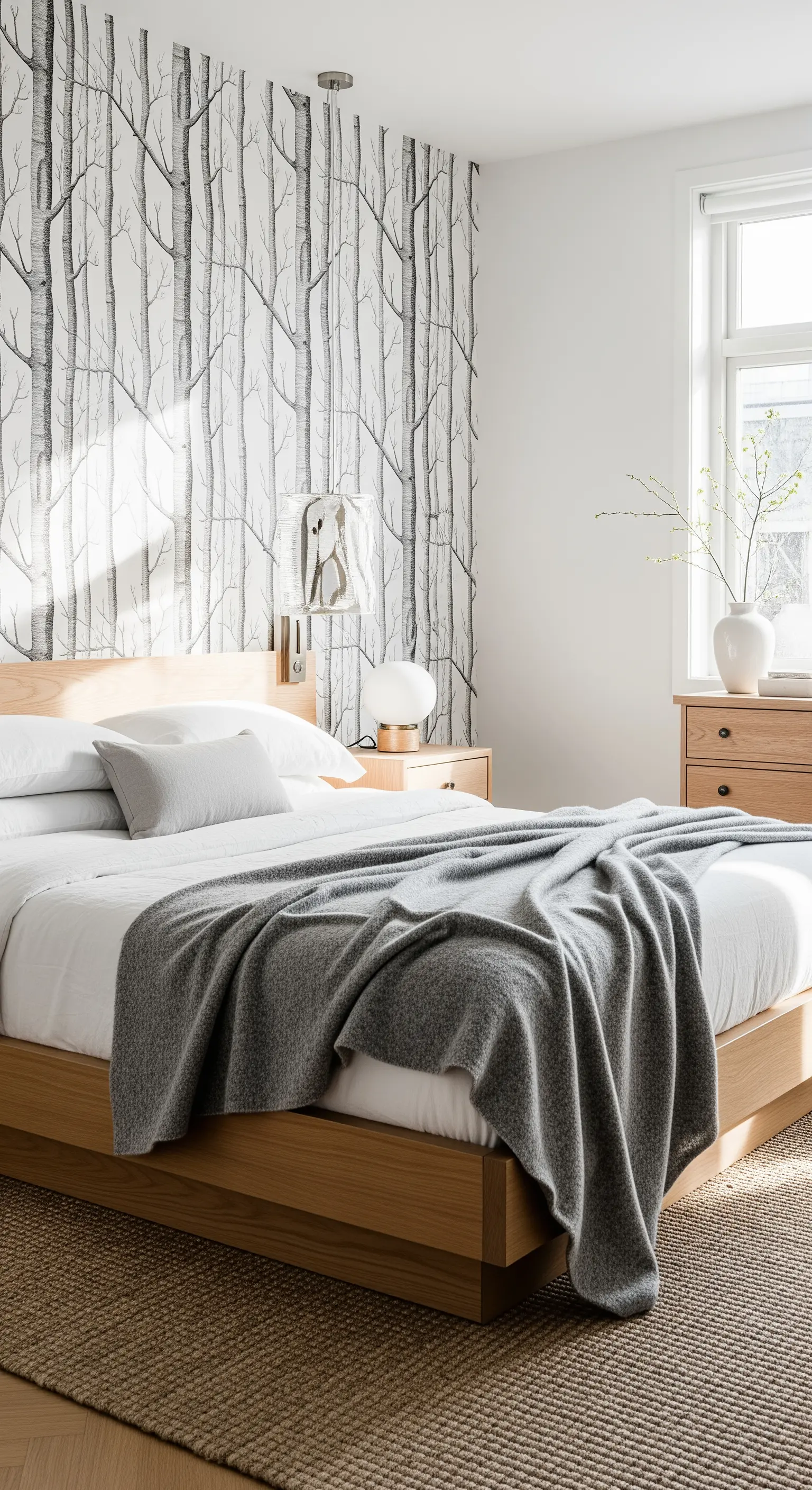 Helles, skandinavisches Schlafzimmer mit einer grafischen Birkenwald-Tapete.