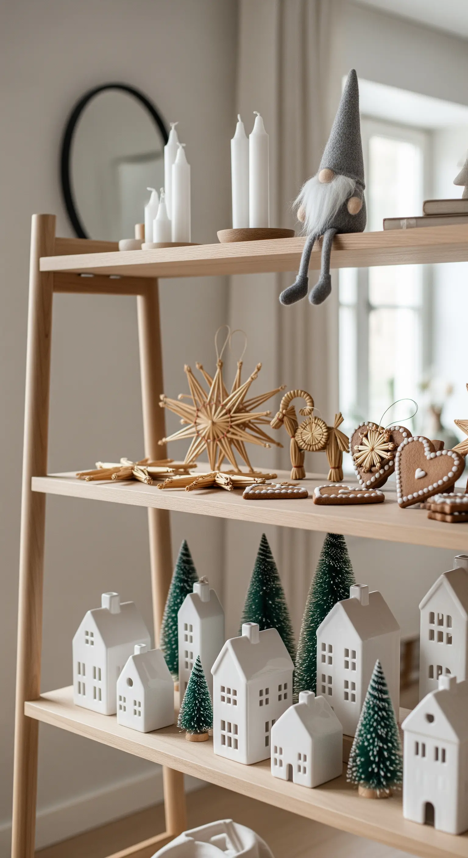 Skandinavisches Holzregal dekoriert mit weißen Keramikhäusern und Strohsternen.