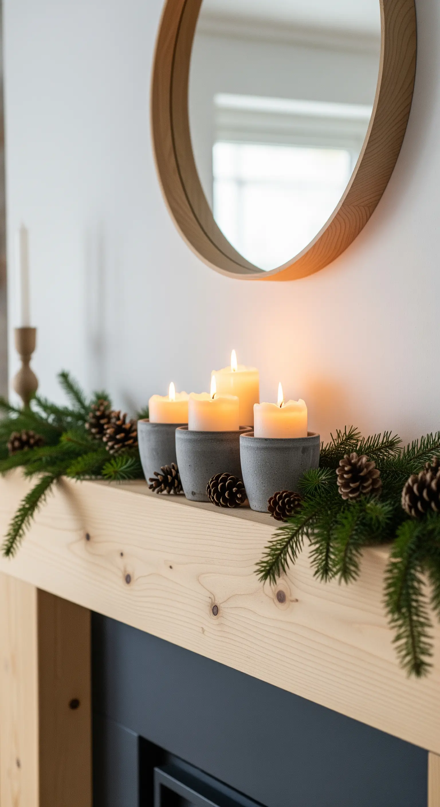 Skandinavische Weihnachtsdeko mit Tannengirlande, Zapfen und Kerzen in Betonhaltern.