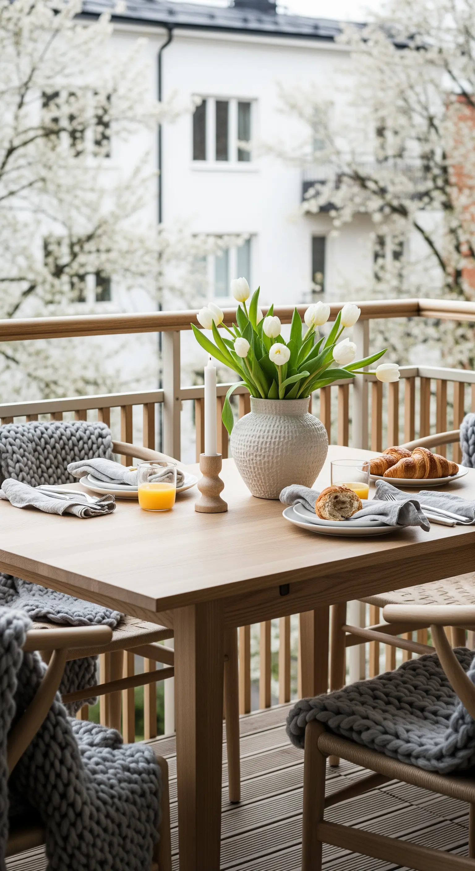Skandinavischer Balkon-Brunch mit weißen Tulpen und grauen Decken