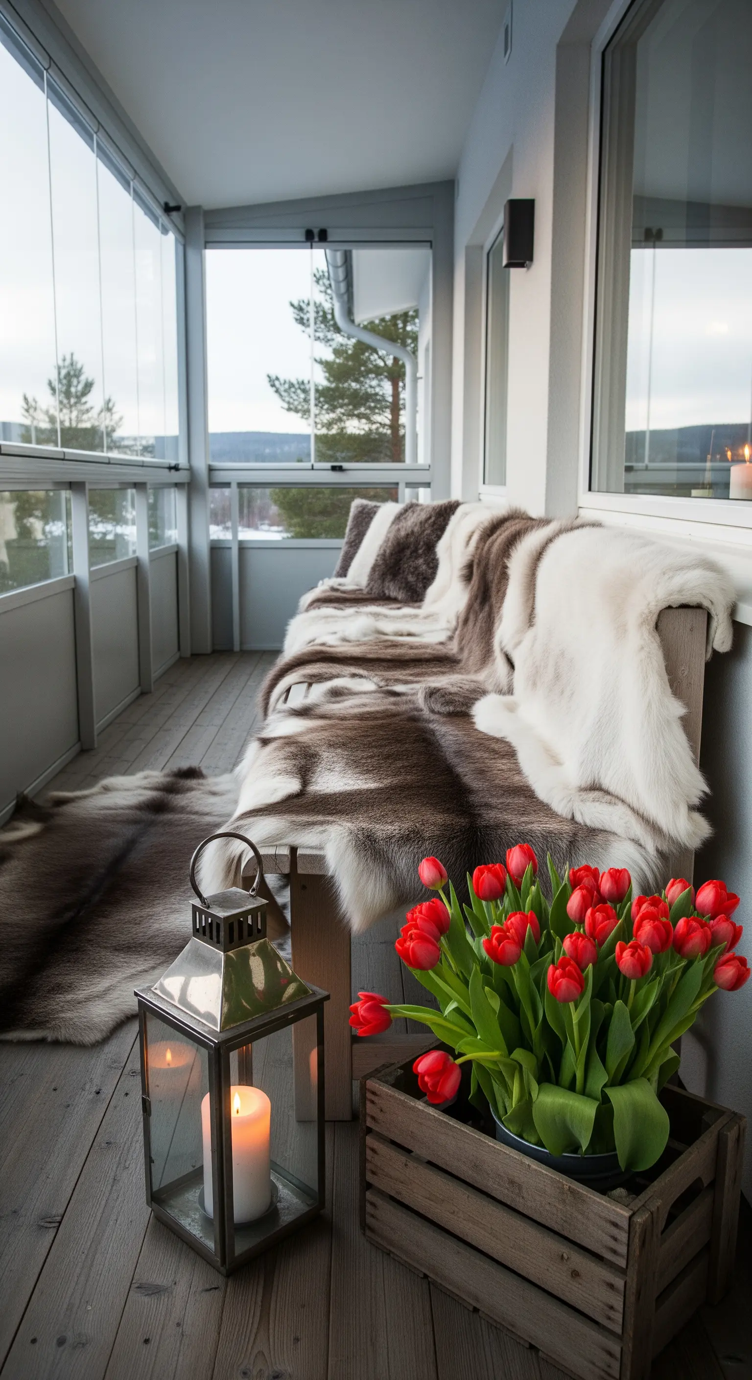 Balkon mit Fellen auf der Bank, Laterne mit Kerze und Holzkiste mit roten Tulpen.