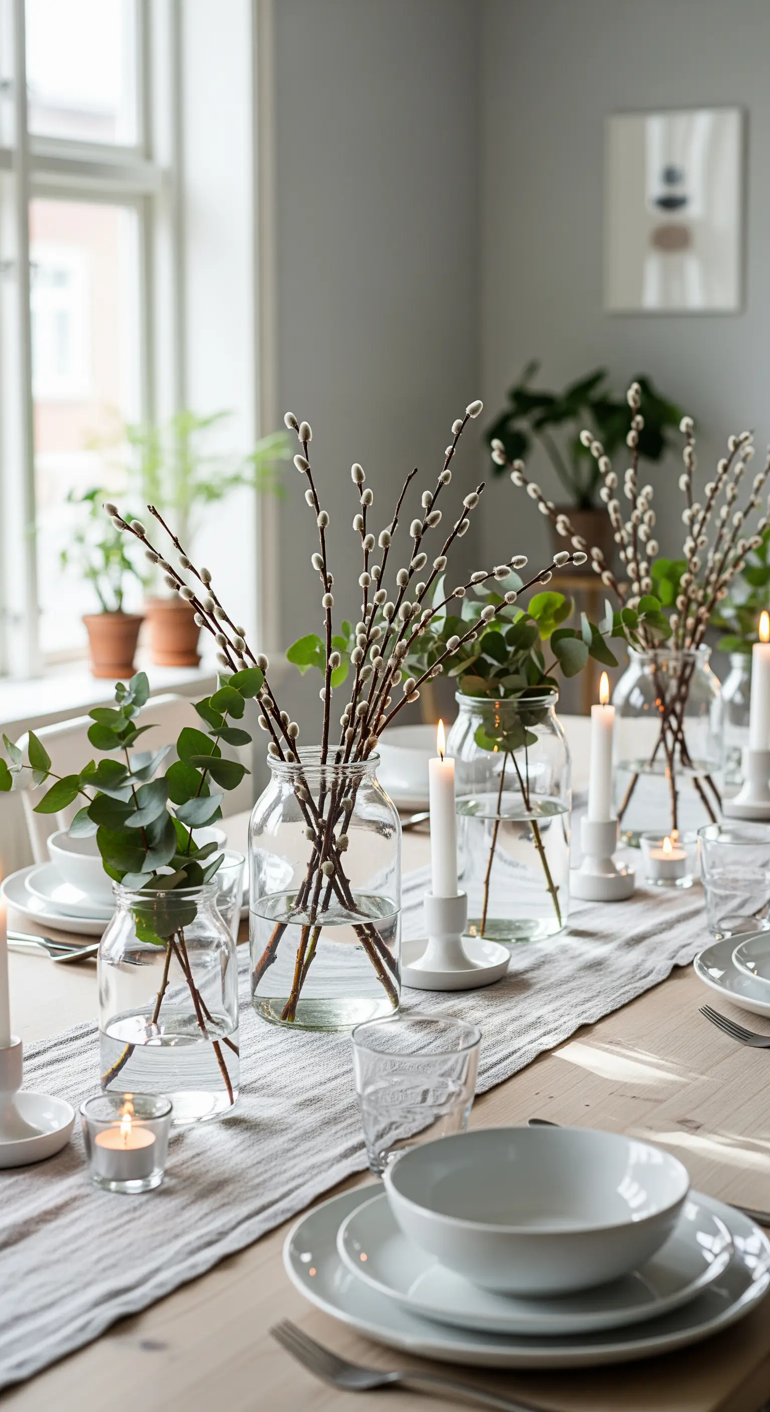 Kätzchenweide und Eukalyptus in Glasvasen mit weißen Kerzen