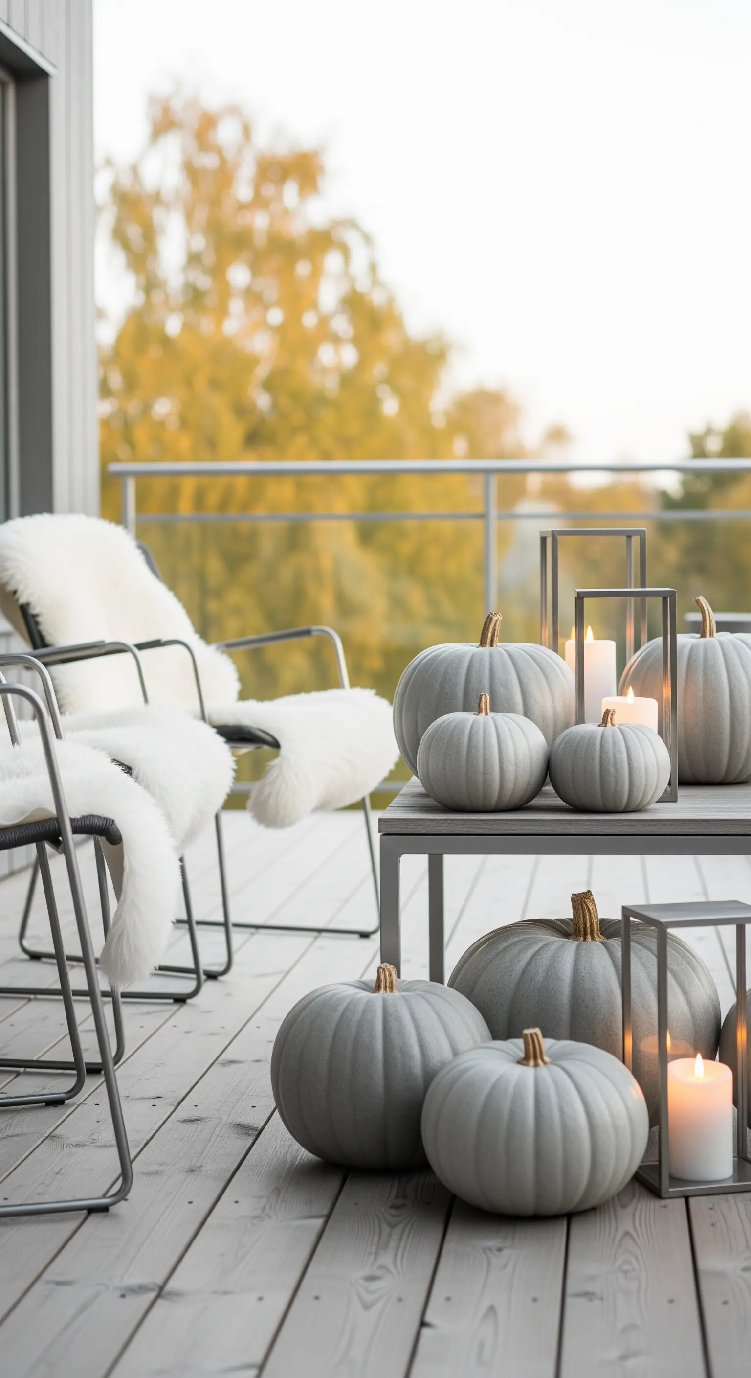Terrasse mit grauen Kürbissen, modernen Laternen, weißen Fellen