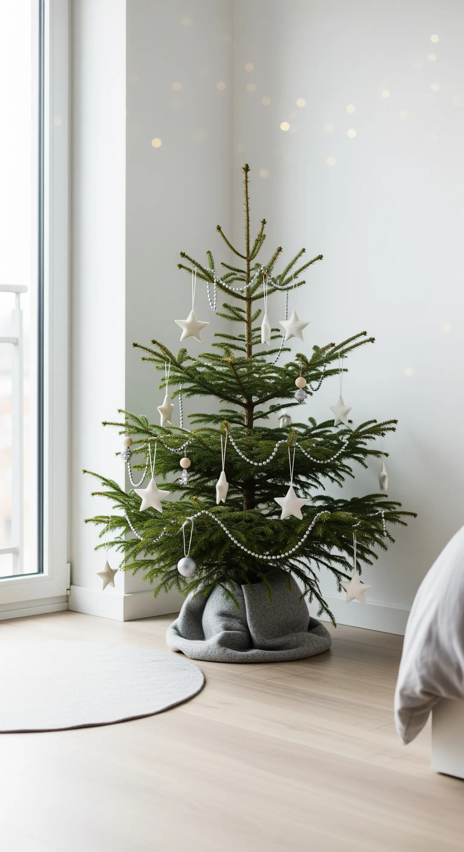 Kleiner Weihnachtsbaum mit weißen Holzsternen und Perlenkette im Schlafzimmer.