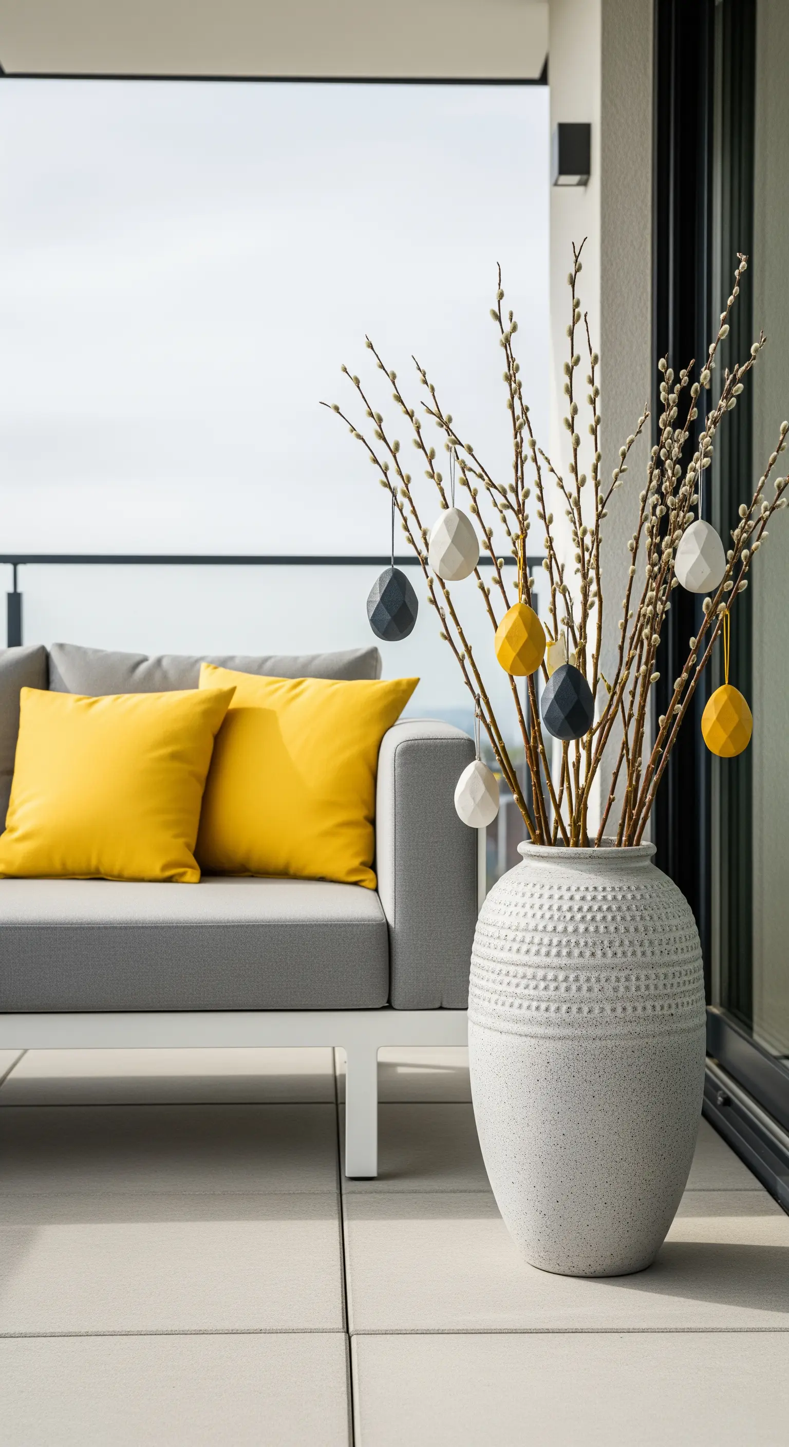 Modernes Balkon-Set mit Weidenkätzchen und minimalistischen Ostereiern in Grau-Gelb
