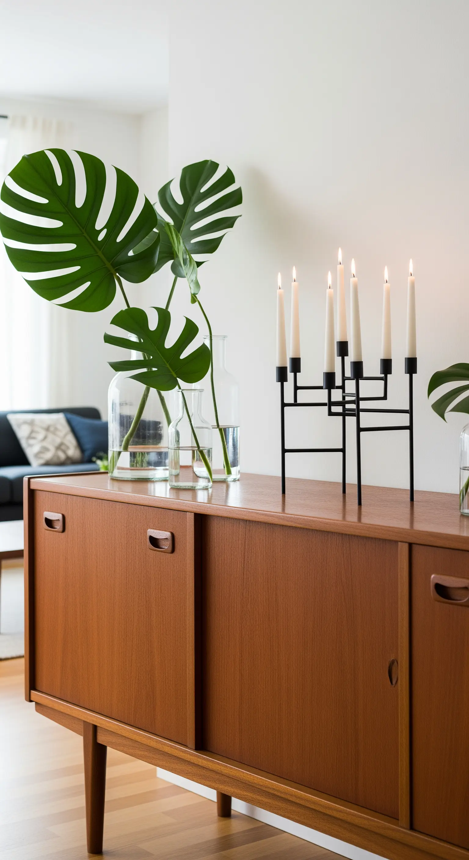 Moderne Deko mit Monstera-Blättern und schwarzem Design-Kerzenleuchter.